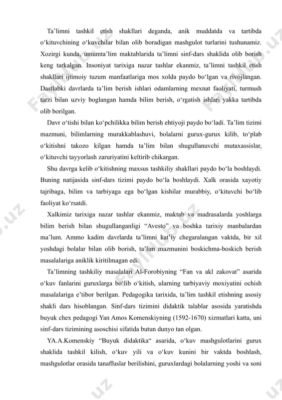 llangan bilim beradi va navbatdagi bilimlarni o‘zlashtirmok uchun zamin yaratadi. shuni unutmaslik kerakki, o‘kuv yurtlarida ta’lim ishlari fakat sinf-dars shaklida olib borilmasdan, balki amaliy mashgulotlar, tajriba ishlari shaklida ham olib boriladi. bu mashgulotlar sinfdan va maktabdan tashkarida fakultativ mashgulotlar, to‘garaklar, ekskursiyalar shaklida olib boriladi. dars – ta’limning asosiy shakli ekan, u ilmiy, tizimli, tushunarli, ongli va faol bo‘lishi, bilimlar mustaxkam o‘zlashtirilishi, o‘kuvchi-talabaning shaxsiy xususiyatlari e’tiborga olingan xolda tashkil etilishi dars oldiga kator didaktik talablarni ko‘yadi. jumladan: 1. har bir dars anik maksadni ko‘zlagan xolda puxta rejalashtirilmogi lozim. bu jarayonda o‘kituvchi darsning ta’limi va tarbiyaviy maksadini belgilaydi. dars boskichlarini, ya’ni kanday boshlash, kanday tamomlash ko‘rgazmali materiallardan foydalanish kabilarni oldindan xal kilib oladi. 2. har bir dars anik goyaviy, mafkuraviy izlanishga ega bo‘lishi lozim. o‘kituvchi esa ulardan tarbiyaviy maksadda foydalanmogi lozim. 3. har bir dars maktabning, ijtimoiy muxitning imkoniyatini hisobga olgan xolda amaliyot bilan boglanmogi, ko‘rsatmali vositalar bilan jixozlanmogi lozim. 4. har …