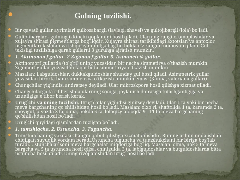 qalqoncha bir pallali urug`lar uchun xarakterli organ hisoblanadi. uning asosiy funksiyasi endospermadagi zapas oziq moddalarni diostaza fermenti ta`sirida parchalab murtak qismiga o`tkazib berishga xizmat qilishdir. ayrim o`simliklar endosperm o`rniga zapas oziq moddalarni peresperm qismida to`plash xususiyatiga ega bo`ladi. perisperm urug`kurtakning nutsellus qismidan hosil bo`ladi. perisperimning farqi uning tarkibida oqsil va yog miqdori kamroq bo`lib, asosiy qismini kraxmal tashkil qiladi. perisperm hosil qilish chinnigul, lavlagi, shura, olabuta uchun xosdir. urug`ning otalanmasdan rivojlanishi. o`simliklar dunyosida urug`ning hosil bo`lishi va rivojlanishi har doim yukoirdagi qonuniyatga amal qilavermaydi. ayrim o`simliklarda urug` va meva otalanmasdan rivojlanishi mumkin. bunga apomiksis deyilsa. urug` va mevani otalanib hosil bo`lishi amfimiksis deyladi. mevalar urug'larning tarqalishida muhim ahamiyatga ega. meva va urug'larini o'z kuchi bilan tarqatadigan o'simliklarga avtoxor o'simliklar deyiladi. bunga xina, ko'pchilik dukkakli o'simliklar, burchoq, o'qotar (o'qotar bodring), yorongul kabilar misol bo'ladi. bulaming urug'i mevasi, ichki bosim, pallalarining chatnashi yoki buralishi hisobiga tashqariga otilib chiqadi. shamol yordamida tarqaladigan o'simliklarning …