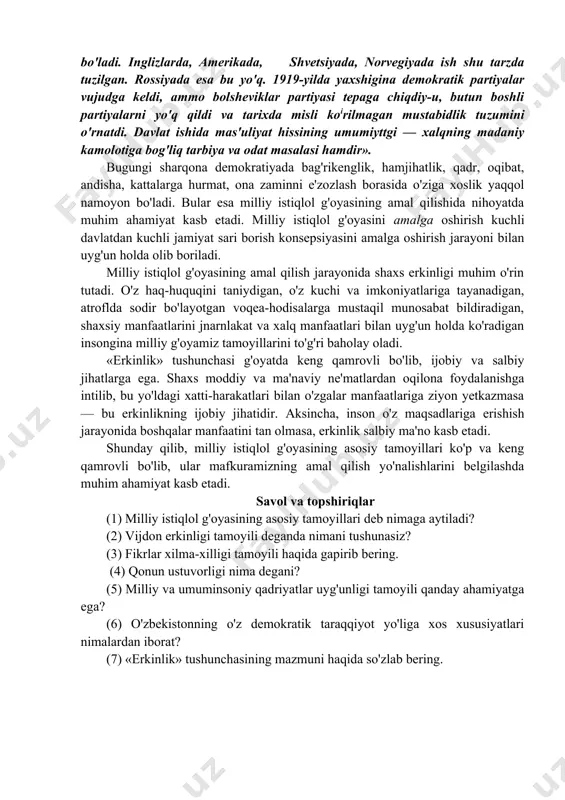 sh va ularning amaldagi tatbiqini ta'minlash, xalq manfaatlarini hisobga olgan holda, mas'ul kishilar tomonidan amalga oshirilgan. shu tufayli sharqda «el-yurt nima der ekan?» degan masala har bir hukmdor va siyosatchi faoliyatida bosh masala bo'lib turgan. sharq xalqlari hayotida odil va dono hukmdor g'oyasi «avesto» yaratilgan zamonlardan boshlab rivojlanib kelgan. sohibqiron amir temur faoliyatida «kuch — adolatda» degan qoida ustuvor bo'lgani buning yaqqol tasdig'idir. sharq mutafakkirlari davlatni, avvalo, jamiyat taraqqiyotidagi ikki muhim omil: ijtimoiy barqarorlikni ta'minlash va ijtimoiy adolat mezonlarini amalga oshirish quroli deb tushungan, qonunchilik va me'yoriy tizimlar ham aynan ana shu maqsadlarga xizmat qilgan. amir temur «tuzuklar»i bunga misol bo'la oladi. sharqda mahalla va boshqa o'zini o'zi boshqarish idoralari asosan jamoatchilik fikriga tayangan holda ish yuritgan. ijtimoiy salmoqli masalalarni jamoatchilik muhokamasiga olib chiqish mahalla guzarlarida, choyxonalarda, karvonsaroylarda, to'y-ma'raka va hasharlarda amalga oshirilgan. shu bilan birga, jamoatchilik fikri davlat qarorlarini qabul qilishda ham muhirn o'rin tutgan. xullas, sharq xalqlari, xususan, …