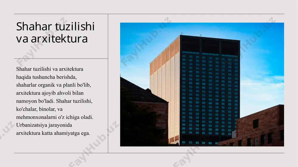 banizatsiyada katta ahamiyatga ega. infrastruktura rivojlanishi: shahar tuzilishi va jamiyatga ta'siri 1 infrastruktura rivojlanishi shahar tuzilishi va jamiyatga ta'siri uchun zarur infrastruktura tuzilishi, yo'lni, suv va energiya tarmoqlarini o'z ichiga oladi. 2 shahar tuzilishi shaharni shakllantirish va tuzilishi, binolarni joylashuv, yo'lni o'rnatish, va zonalar bo'yicha tartibni ta'minlashni o'z ichiga oladi. 3 jamiyatga ta'siri infrastruktura rivojlanishi va shahar tuzilishi, jamiyatning barqarorligi, rivojlanishiga, va sodiqlik darajasiga qanday ta'sir qilishi haqida tushuncha beradi. o'zbek shaharlari: demografik o'zgarishlar va infratuzilma kengaytirilishi alohida ko'rinishlari 01 demografiya tahlili o'zbek shaharlari demografik o'zgarishlarini o'rganish uchun tahlilatlar va statistik ma'lumotlar kritik ahamiyatga ega. bu, shaharlarining o'sish va rivojlanish jarayonini tushunishga yordam beradi. 02 infrastrukturani baholash o'zbek shaharlari infrastrukturani rivojlantirishda qanday bosqichda turli sohalardagi rivojlanishni qo'llash shartlarini o'rganish lozim. infrastrukturani baholash, shaharlar uchun qo'llaniladigan resurslarni aniqlashda yordam beradi. 03 innovatsion yondashuv o'zbek shaharlari innovatsion yondashuvlarni qanday qo'llab-quvvatlashi kerakligi haqida o'rganish juda muhim. yangi texnologiyalar va innovatsiyalar shaharlarimizni yanada kuchli …
