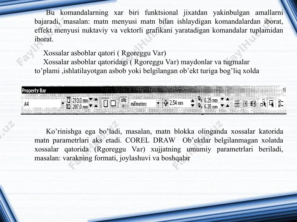 larning shakllari bilan ishlash corel draw dasturi vektorli tasvirlarni yaratishda turli vositalarni qo’llaydi- ingichka chiziqlar,patsimon shtrixlar.sho’nga karamay vektorli grafikaning ish usuli,"ko’lda" chizishdan ancha farq qiladi.shuning uchun vektorli konturni yaratishni va taxrirlashni tasavvur qila olish kerak. shu maqsadda corel draw dasturi geometrik figuralarni yaratish (tugri turtburchak, kupburchak, ellips, spiral) uchun muljalgan asboblarga ega,bundan tashqari "erkin chizish" asboblari (pero, kalligrafik, pero). gradientli setka (mesh fill), vektorli grafikaning asosiy instrumenta bo’lgan bez’e — egri chiziqlari, bez’e asbobi (vezier). vektorli konturlarni tuliq taxrirlash qanday asboblar orqali yaratilganligadan qattiy nazar bir xil usulda bajariladi: forma (share) asbobi yordamida, redaktor maxsus paneli (node edit) tarmog’i orqali yoki uni almashtiruvchi xossalar asboblar qatori (rgoregtu var). кonturlar va tayanch nuqtalar кontur (rath) bu chiziq bo’lib dasturning chizuvchi asboblar orqali yaratiladi va ob’ektning simli strukturasini tashkil qiladi.кeyinchalik kontur obvodka parametrlarini (outine) va ranglarini (fill) taqdim qilishi mumkin va buning natijasida u ko’rinishga ega bo’lib chop etilishi mumkin. agar konturda …