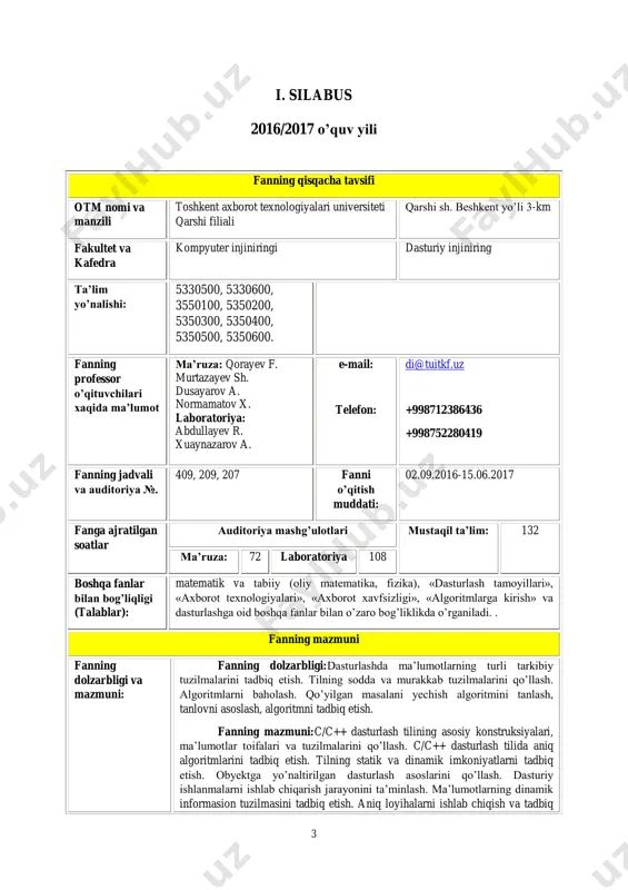 h-chiqarish operatorlari 2 7. shartli o`tish operatorlari 2 8. shartsiz o`tish operatorlari 2 9. tanlash operatori 2 10. preprosessor vositalari 2 11. takrorlanish operatori (while) 2 12. takrorlanish operatori (do while) 13. prametrli takrorlanish operatori (for) 2 14. funksiyalar yaratish 2 15. funksiyalar yaratish 2 16. rekursiv funksiyalar 2 17. kutubxonalardan foydalanish 2 18. foydalanuvchi kutubxonasini tashkil etish. 2 19. satatik massivlar 2 20. dinamik massivlar 2 21. bir o`lchovli massivlar 2 22. ko`p o`lchovli massivlar 2 23. ko`p o`lchovli massivlar 2 24. satrlar, belgili massivlar 2 6 25. satrlar, belgili massivlar 2 26. satrlar ishlov berish funksiyalari 2 27. satrlar ishlov berish funksiyalari 2 jami: 54 ma’ruza mashg’ulotlar mazmuni (2-semestr) № mavzular ajratilgan soatlar 1. ko`rsatkich 2 2. ko`rsatkich va massiv 2 3. ko`rsatkich va struktura 2 4. havolalar 2 5. mantli fayllar bilan ishlash operatorlari 2 6. binary fayllar bilan ishlash operatorlari 2 7. obektga yo`naltirilgan dasturlash tushunchasi …