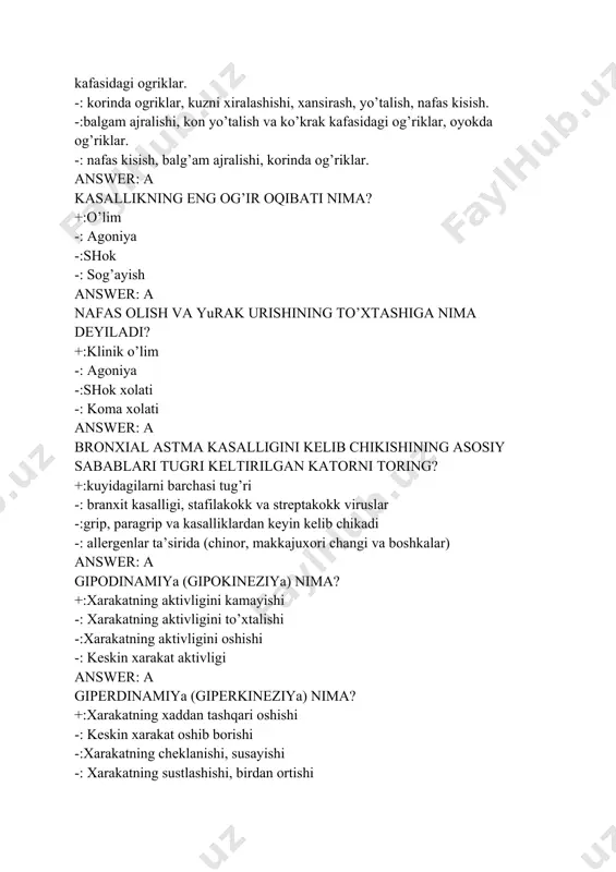 lik ko’rsata olishi qobiliyatiga -: organizmning xar qanday ta’surotlarga ma’lum reaktsiya paydo bo’lmaslik ko’rsata olishi qobiliyatiga -:organizmning atrof-muxitni zararli ta’sirlariga qarshilik ko’rsata olmaslik ko’rsata olishi qobiliyatiga -: organizmning xar – xil kasalliklarga chidamliligini kamayishiga ko’rsata olish qobiliyatiga answer: a regeneratsiya deb nimaga aytiladi? +:to’qimalarning tiklanishiga -: to’qimalarning jaroxatlanishiga -:to’qimalarning yallig’lanishiga -: maxalliy qon to’planishiga answer: a chakaloklar bir minutda necha marta nafas oladi. +:40-60 marta -: 35-45 marta -:30-40 marta -: 25-45 marta answer: a ishemiya deb nimaga aytiladi? +:biror organ qismiga arterial qon yetarli miqdorda yetib kelmasligiga -: biror narsa bilan qon tomirlarni tiqilib qolishi, tomirning kengayishiga -:qon tomirlarda qattiq massa xosil bo’lishi, qon oqib ketishiga -: qonning cheklanib to’planishiga, tomirlarni tiqilib qolishiga answer: a gematoma deb nimaga aytiladi? +:qonning cheklanib to’planishiga -: biror organ qismiga arterial qon yetarli miqdorda yetib kelmasligiga -:biror narsa bilan qon tomirlarni tiqilib qolishiga -: qon tomirlarda qattiq massa xosil bo’lishiga answer: a shish …