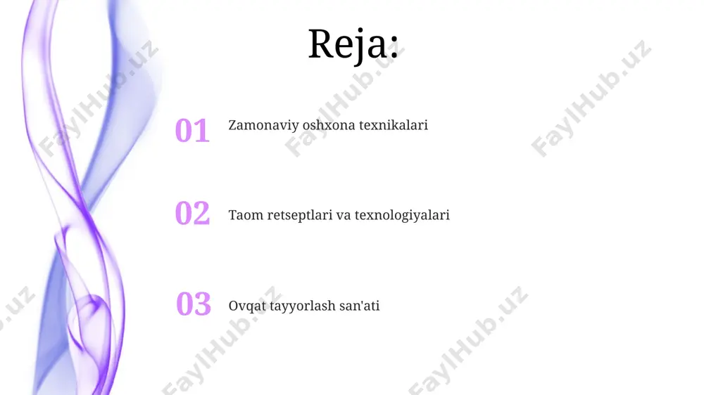 asi, mahsulotlarni 80°c dan past haroratda uzoq vaqt davomida pishirish orqali, ularning vitamin va minerallar miqdorini saqlab qolishga yordam beradi. oziq-ovqat mahsulotlarini 100-120°c haroratda 20-30 daqiqa davomida qayta ishlash pasterizatsiya jarayonini amalga oshiradi, bu esa mikroorganizmlar sonini sezilarli darajada kamaytiradi. konveksiya pechlari, infroqizil nurlanishdan foydalanib, an'anaviy pechlarga qaraganda 25% ga tezroq pishirish imkonini beradi, bu vaqtni tejashga va energiya sarfini kamaytirishga yordam beradi. mahsulotlarni tanlash va tayyorlash meva va sabzavotlarni tozalashdan oldin yaxshilab yuvib, 5 daqiqa davomida suvga botirib qo'ying. bu zararli bakteriyalarni olib tashlashga yordam beradi. mahsulotlarni tanlashda ularning sifatiga, ya'ni rangi, hidiga va mustahkamligiga e'tibor bering. masalan, yangi sabzavotlar 90% dan ortiq namlikka ega bo'lishi kerak. go'shtni tanlashda yog' miqdorini va qirqish turini hisobga oling. 1 kg go'sht uchun taxminan 20-30 daqiqa pishirish vaqti kerak. milliy va xalqaro taomlar o'zbek milliy taomlarida ishlatiladigan ziravorlar soni, xalqaro taomlarga nisbatan, o'rtacha 2 barobar ko'p bo'lib, bu taomlarga noyob xushbo'ylik va …