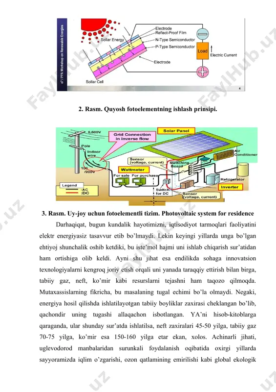 rayotgani e’tiborga loyiqdir. bu borada, xususan, o’zbekistonda salmoqli tajriba to’plangan bo’lib, ilmiy va eksperimental tadqiqotlar olib borilayotgani holda, shu asosda tayyorlangan ishlanmalar hayotga izchil tatbiq etilmoqda. qaytalanuvchan energiya manbalarining asosiy afzalligi tugallanmasligi va ekologik tozaligi. ulardan foydalanish planetaning energetik muvozanatini o’zgartirmaydi. bu sifatlari tiklanuvchan energetikaning chet ellarda ham va ularning yaqin o’n yillik ichida rivojlanishining optimistik prognozlarining keng rivojlanishiga hizmat qiladi. tiklanuvchan energiya manbalri insoniyat oldida turgan uchta global muammolarni echishda sezilarli rol o’ynaydi: energetikada, ekologiyada, savdosotiqda. toshkent viloyatining parkent tumanida joylashgan, markaziy osiyoda o’xshashi yo’q ilmiy-eksperimental markaz — fanlar akademiyasi ―fizika-quyosh‖ ilmiy-ishlab chiqarish birlashmasining faoliyati buning yaqqol tasdig’idir. negaki, ushbu jamoa tadqiqotlarining samaralari jahon miqyosida allaqachon e’tirof etilgan. bu erda issiq suv va issiqlik ta’minoti uchun past quvvatli qurilmalarni yaratish, elektr energiyasi olish uchun fotoelektrik va termodinamik o’zgartkichlar, maxsus materiallar sintezi texnologiyalari, materiallar va konstruksiyalarga termik ishlov berishda quyosh energiyasidan foydalanish bo’yicha ilmiy tadqiqot va tajribakonstruktorlik ishlari amalga oshirilmoqda. …