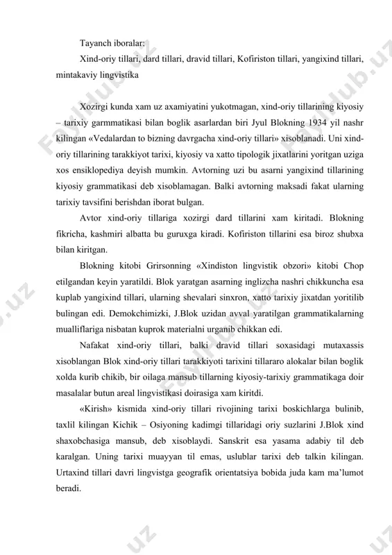 ma adabiy til deb karalgan. uning tarixi muayyan til emas, uslublar tarixi deb talkin kilingan. urtaxind tillari davri lingvistga geografik orientatsiya bobida juda kam ma’lumot beradi. yangixind tillarining shakllanish vakti anik aytilmagan. shartli ravishda bu jarayon 10 asrdan keyin boshlanadi. xozirgi zamon yangixind tillariga mos bulgan bir ajib narsa shuki, ularning kata territoriyada uzluksiz tarkalib borishi va buning natijasida anik lingvistik xadlarning mavjud emasligidir. kitobning asosiy kismi uch bobdan iborat: fonetika, morfologiya va sintaksis bulimlari. sintaksis bulimining juda muxtasar ekanligi ba’zi tillarning tavsifiy grammatikasi xam ishlab chikilmaganligi bilan izoxlanadi. berilgan material juda yaxshi taksimlangan. asos kilib kadimxind tili tizimi kabul kilib olingan. keyin bu sistemaning vakt mobaynidagi, ya’ni urtaxind, undan yangixind davrlaridagi transformatsiyasi kurib chikilgan. kadimxind tillarining fonetika va morfologiyasi kadimgi xind-evropa tillari, avvalo veda tiliga yakin bulgan avesta sistemasi bilan kiyoslanib berilgan. keyingi evolyusiya umumiy xind-evropa modelidan asta-asta chekinib, yangi xindcha modellarning shakllanishi bilan xarakterlanadi. unli va undoshlar bir-biridan …
