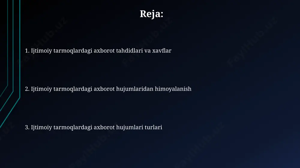 xavfsizlikni ta’minlash do'stlaringiz va yaqinlaringiz bilan shaxsiy ma'lumotlaringizni, ayniqsa, manzil va bank ma'lumotlaringizni baham ko'rmang. kamida 3 ta mustaqil manbadan ma'lumotlarni tasdiqlashga harakat qiling. ijtimoiy tarmoqlarda shaxsiy ma’lumotlaringizni himoya qilish uchun kamida 12 ta har xil kuchli parollardan foydalaning va ularni muntazam ravishda yangilang, shuningdek ikki bosqichli autentifikatsiyadan foydalaning. ijtimoiy tarmoqlardagi axborot hujumlari turlari ijtimoiy muhandislik orqali amalga oshiriladigan firibgarliklar, ya’ni 2-3 bosqichli sxemalar orqali shaxsiy ma’lumotlarni o‘g‘irlash, soxta profillar yordamida 1000 dan ortiq odamni aldash hollari kuzatilmoqda. fikriy terrorizm va dezinformatsiya tarqalishi, ya’ni 10% dan ortiq foydalanuvchilar orasida noto‘g‘ri ma’lumotlarni tarqatish va ommaviy qo‘zg‘olonlarni uyushtirishga urinish holatlari ham uchramoqda. shaxsiy ma’lumotlarning oshkor boʻlishi xavfi oʻrtacha foydalanuvchi 3-5 ta ijtimoiy tarmoq platformasida faol boʻlib, har bir platformaning xavfsizlik siyosati va xususiyatlarini toʻliq bilmasligi, shaxsiy maʼlumotlarning oshkor boʻlish ehtimolini sezilarli darajada oshiradi. ijtimoiy tarmoqlarda shaxsiy ma’lumotlarning 70% dan ortigʻi profil sozlamalari notoʻgʻri oʻrnatilganligi tufayli oshkor boʻladi, bu esa firibgarlar uchun oson …