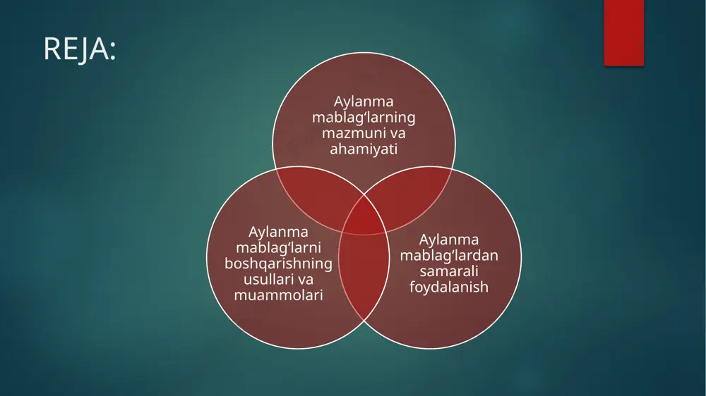 h. 7 aylanma kapital xyus aylanma (o’zgaruvchan, mobil) aktivlariga avanslashtirilgan kapital qiymatini o’zida ifodalaydi. bu kapital xyus balansining “aylanma aktivlar” deb nomlangan ikkinchi bo’limida aks ettiriladi. odatda, aylanma kapital quyidagi bir necha asosiy guruhlarga klassifikatsiya qilinadi: takror ishlab chiqarish jarayonida ishtirok etishini hisobga olgan holda funktsional mo’ljallanganligi bo’yicha; shakllantirish va moliyalashtirish manbalariga ko’ra; lividlilik darajasiga qarab; va boshqa belgilariga muvofiq 8 aylanma kapital juda ko’p funktsiyalarni bajaradi. ular-ning orasidan quyidagilarni alohida ajratib ko’rsatish mumkin: · takror ishlab chiqarish; · rag’batlantirish; · taqsimlash; · ishlab chiqarish va muomala sohasining yagonaligini ta’minlash; · ishlab chiqarish jarayonining uzluksizligini ta’minlash; · va boshqalar. 9 10 aylanma kapital o’z funktsiyalarini ham pulli, ham natural-buyum shakllarida amalga oshiradi. aylanma kapitalning tarkibiy tuzilmasini uni funktsional jihatdan quyidagi ikki tashkil etuvchi belgilab beradi: · aylanma kapitalning natural-buyum shakllari yoki aylanma ishlab chiqarish fondlari; · muomala fondlari. 11 tarkibiy tuzilma jihatidan aylanma kapitalning natural-buyum shakllariga, eng avvalo, ishlab chiqarish …