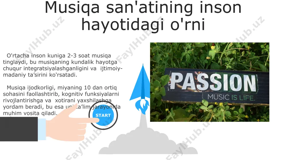 nrlar va ijro uslublarining paydo bo'lishi bilan belgilanadi, bu esa 2040 yilga borib 50% ga yaqin yangi musiqiy kontent yaratilishini taxmin qiladi. 06 05 04 musiqa va madaniyat 01 02 musiqa ta'siri ostida yaratilgan milliy raqslar va qo'shiqlar 70% dan ortiq o'zbek madaniy merosining tarkibiy qismini tashkil etadi, bu esa ularning ahamiyatini ta'kidlaydi. musiqa, madaniyatning 5000 yildan ortiq tarixga ega bo'lgan ajralmas qismidir, turli xalqlarning an'anaviy musiqa asboblari va uslublari madaniy identifikatsiyaning muhim ko'rsatkichlari hisoblanadi. e'tiboringiz uchun rahmat @taqdimot_robot image5.jpg image6.jpg image7.jpg image8.jpg image9.jpg image10.jpg image11.jpg image12.jpg image13.jpg image14.jpg image15.jpg image1.jpeg image2.jpeg image3.jpeg image4.jpeg