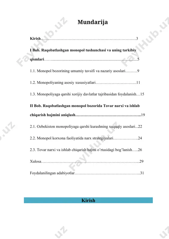 n monopol bozor — bu bozordagi firmalar o'rtasida raqobat mavjud bo'lib, har bir firma bozorda o'z mahsulotini taqdim etadi va narxlarni belgilashda ba'zi monopolistik xususiyatlarga ega. boshqacha aytganda, bozorga bir nechta firmalar kirish imkoniyatiga ega, ammo ular o'z mahsulotlarini o'xshash yoki farqli qilib ishlab chiqaradilar. raqobatlashgan monopol bozorida firmalar o'zlarining narxlarini va ishlab chiqarish hajmlarini o'zlarining manfaatlariga muvofiq ravishda belgilashadi, ammo bozordagi talab va taklif sharoitlari ham ularga ta'sir qiladi. mavzuning maqsadi: ushbu kurs ishining maqsadi, raqobatlashgan monopol bozorida firmalar qanday qilib narxni va ishlab chiqarish hajmini belgilashlarini -1- tushuntirishdir. buning uchun monopolistlar va raqobatlashuvchi firmalar o'rtasidagi farqlar, narx belgilash jarayoni va ishlab chiqarish hajmini aniqlashning nazariy asoslari o'rganiladi. iqtisodiy ahamiyati: raqobatlashgan monopol bozorlar iqtisodiyotda keng tarqalgan. ular bozorning samaradorligini oshirish, resurslarni taqsimlashda samarali yo'llarni yaratishda va iste'molchilar uchun raqobatbardosh narxlarni ta'minlashda muhim rol o'ynaydi. shu bilan birga, monopolistlarning bozordagi erkinligi ularning narxlarni oshirishga yoki ishlab chiqarishni kamaytirishga olib kelishi …