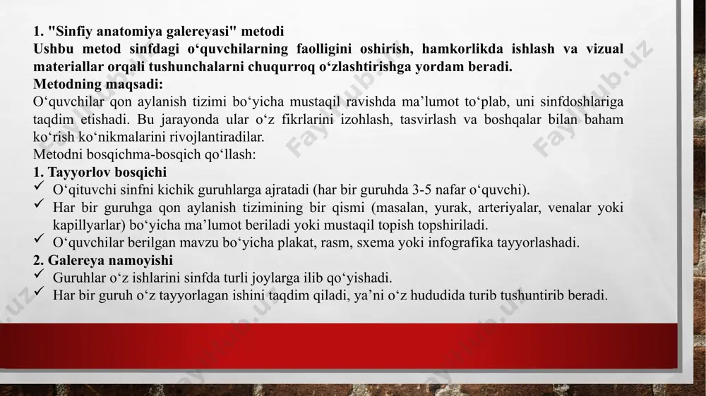 antiradi. 2. jamoada ishlash, hamkorlik va o‘z fikrlarini aniq ifodalash ko‘nikmalarini shakllantiradi. 3. darsni jonlantirib, harakat bilan o‘rganishga yordam beradi, natijada tushunchalar mustahkamroq yodda qoladi. 4. o‘quvchilarga organizm tizimlarini o‘zaro bog‘liq holda tushunish imkonini beradi. 5. metod bolalarni o‘zini faollikka chorlaydi, chunki ular faol ishtirok etishlari va jonlanish jarayonini aks ettirishlari kerak. yakuniy natija dars oxiriga kelib, o‘quvchilar qon aylanish tizimi qanday ishlashi, uning inson organizmidagi roli va biror qismi ishdan chiqsa nima bo‘lishi haqida chuqurroq tushunchaga ega bo‘ladilar. 3. "organlar suhbati" rolli o‘yin metodi 1. metodning maqsadi bu metod orqali o‘quvchilar qon aylanish tizimidagi organlarning vazifalari va ularning o‘zaro bog‘liqligini tushunib oladilar. rolli o‘yin shaklida o‘quvchilar yurak, qon tomirlari va qonga jon bag‘ishlab, ularning ish faoliyatini o‘z so‘zlari bilan tushuntirishadi. 2. metodni bosqichma-bosqich qo‘llash 1-bosqich: guruhlarni tashkil etish va rollarni taqsimlash o‘qituvchi sinfni 5-6 kishidan iborat kichik guruhlarga ajratadi. har bir guruhga quyidagi rollar taqsimlanadi: 1. yurak – qon …