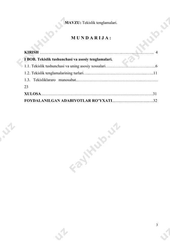 slari, uning asosiy xossalari va tenglama shakllari, shuningdek, ularni amaliy masalalarda qo‘llash yo‘llari ko‘rib chiqiladi. kurs ishining asosiy maqsadi — talabalarda tekislik tenglamalari tushunchasiga oid nazariy bilimlarni shakllantirish va ularni amaliy masalalarda qo‘llash ko‘nikmalarini rivojlantirishdan iborat. ish davomida asosiy e’tibor tekislik tenglamalarining turli ko‘rinishlarini o‘rganish, ularning xossalarini tushunish va ularni real hayotiy vaziyatlarga tatbiq etishga qaratiladi. kurs ishining vazifalari: · tekislik tushunchasining nazariy asoslarini o‘rganish; · tekislikning umumiy tenglamasini va uning boshqa ko‘rinishlarini tahlil qilish; · tekisliklarni aniqlash usullari bilan tanishish (nuqta, to‘g‘ri chiziq, normal vektor orqali); · tekisliklararo burchak va masofani aniqlash masalalarini o‘rganish; · tekislik tenglamalariga oid amaliy masalalarni yechib, ularni real hayotiy vaziyatlarga tatbiq qilish; · olingan natijalar asosida umumiy xulosalar chiqarish. i bob. tekislik tushunchasi va asosiy tenglamalari. 1.1. tekislik tushunchasi va uning asosiy xossalari. tekislik tushunchasi geometriyada eng qadimiy va asosiy tushunchalardan biri bo‘lib, u insoniyat taraqqiyotining ilk bosqichlaridanoq shakllana boshlagan. tekislik — fazodagi ikki …