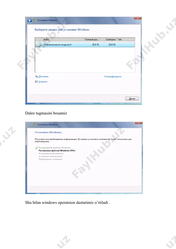 tomatik sinxronlashtirish orqali diskni bo‘shatish mumkin. windows orqali xotirani ikkiga bo‘lish (disk management) 1-qadam: disk management’ni ochish · win + r tugmalarini bosing · diskmgmt.msc deb yozing → enter 2-qadam: bo‘sh joy ajratish (shrink volume) · *c:* diski ustiga sichqonchaning o‘ng tugmasini bosing → shrink volume... · tizimdan qancha joy ajratmoqchi ekaningizni mbda kiriting (masalan: 51200 mb = 50 gb) 3-qadam: yangi bo‘lim yaratish · ajratilgan bo‘sh joy ustiga bosing → new simple volume... · bo‘lim hajmini tasdiqlang → format → yangi nom bering (masalan: “data”) → tugatish amaliy mashg’ulot. 4 mavzu: xotirani boshqarish komandalari bilan ishlash. maqsad va vazifalar: talabalarda xotirani boshqarish komandalari bilan ishlash, operativ xotiraga qo’shimcha xotirani qo’shish bo`yicha bilim va ko`nikmalarni hosil qilish. jihozlar va dasturiy vositalar: kompyuter, operatsion tizim. uslubiy ko`rsatma: xotirani boshqarish kommandalari bilan ishlash. operativ xotiraga qo’shimcha xotirani qo’shish. buning uchun мой компьютер ni ustida sichqonchani o’ng tugmasini chertgan holatda uning свойства bandi …