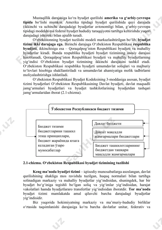 kasi, aqsh, kanada, meksika, avstriya kabi davlatlar kiradi. jahon amaliyotida davlat qurilishining shakllariga mos ravishda bir qancha byudjet tuzilishi modellari amal qiladi: · markazlashmagan model; · markazlashgan model; · aralash model. byudjet tuzilishining markazlashmagan modelida markaziy va mahalliy byudjetlar avtonom (mustaqil) bo‘lib, ularning har biri o‘z harajatlarini to‘liq qoplay oladigan daromad manbalariga ega bo‘ladi. markazlashgan model barcha darajadagi byudjetlarni yagona davlat byudjetida birlashtirishni nazarda tutadi, bunda markaziy byudjet barcha mahalliy byudjetlar uchun (daromadlilik darajasini) tartibga soluvchi vazifani bajaradi. byudjet tuzilishining aralash modeli barcha darajadagi byudjetlarni yagona davlat byudjetida birlashtirishni nazarda tutadi, lekin bunda har bir yuqori turuvchi byudjet quyi byudjetlarning daromadlilik darajasini tartibga solish vazifasini bajargani holda, har bir mahalliy byudjetning ham o‘z harajatlarini qoplashga mo‘ljallangan o‘z daromad manbalari mavjud bo‘ladi. federatsiya a’zolarining mavqeidan kelib chiqib byudjet qurilishi modeli ikkiga ajratiladi: · simmetrik (federatsiya a’zolarining tengligi kuzatiladi, aqsh, germaniya); · assimetrik (federatsiya a’zolarining 6 xil mavqei kuzatiladi, rossiya). byudjet qurilishiga …