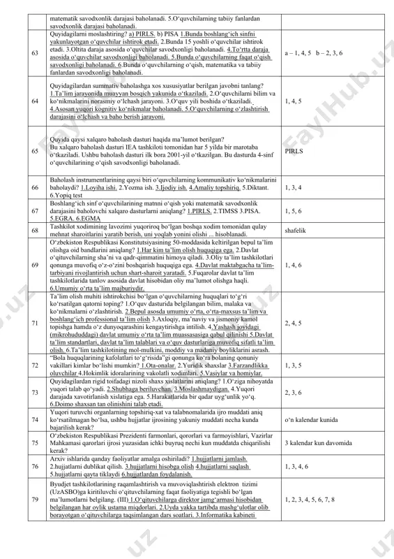 hbar tomonidan boshqaruvning qaysi strategiyasi qo‘llanilgan. maxsus strategiya 38 quyidagilardan ta’lim shakllarini aniqlang? 1.professional ta’lim. 2.oliy ta’lim. 3.eksternat tartibidagi ta’lim. 4.oilada ta’lim. 5.oliy ta’limdan keyingi ta’lim. 6.dual ta’lim. 3, 4, 6 39 quyidagilardan ta’lim turlarini aniqlang? 1.professional ta’lim. 2.oliy ta’lim. 3.eksternat tartibidagi ta’lim. 4.oilada ta’lim. 5.oliy ta’limdan keyingi ta’lim. 6.dual ta’lim. 1, 2, 5 40 quyidagilardan ta’lim menejmentining asosiy maqsadini aniqlang? 1.ta’lim muassasasida tashkil etiladigan ta’lim-tarbiya jarayonini ilmiy asosda tashkil etishni ta’minlashdan iborat. 2.ta’lim muassasasi oldiga qo‘yilgan maqsadlarga erishish va raqobatbardosh bitiruvchilar tayyorlashni boshqarishni ta’minlashdan iborat. 3.ta’lim muassasasida xavfsizlik qoidalariga amal qilinishini ta’minlash, mavjud resurslarni o‘rinli taqsimlash, xo‘jalik faoliyatini nazorat qilish kabilardan iborat. 4.ta’lim muassasasida ta’lim-tarbiya jarayoni ishtirokchilarining munosabatlari va faoliyatlarini muvofiqlashtirish, nazorat qilish hamda samarali boshqarishni ta’minlashdan iborat. 1, 2, 4 41 quyidagi vaziyatni o‘qib, to‘g‘ri javobni belgilang. 742-maktab direktori xodimlar bilan muntazam fikr almashadi, har bir masalani xodimlar o‘rtasida muhokama qiladi, qaror qabul qilishda xodimlar fikriga tayanadi hamda …