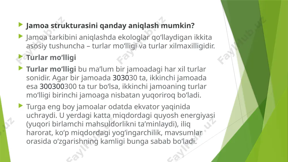 hkil qiluvchi boshqa turlarning yashashiga imkon beradi^99start superscript, 9, end superscript. korall riflaridagi korallar yana bir asos turlardan biridir. tirik va oʻlgan korall poliplarining tashqi skeleti riflarning asosini tashkil qilib, ular boshqa turlarni toʻlqinlar va okean oqimlaridan himoya qiladi. qunduzlar ham toʻgʻonlar qurib, oʻzlari yashaydigan muhitni oʻzgartiradi va asos tur sifatida qaralishi mumkin tayanch turlar oʻzlarining biomassasi yoki soniga nisbatan jamoa strukturasiga nomutanosib katta taʼsir qiladigan turlardir. tayanch turlar asos turlardan ikki jihati bilan farq qiladi: ularning yuqori trofik darajaga (yuqori darajadagi yirtqich) tegishli boʻlish ehtimolligi yuqoriroq va bu turlar asos turlarga nisbatan koʻproq yoʻllar bilan taʼsir qilib, oʻz muhitlarini oʻzgartiradi qoʻshma shtatlarning shimoli-gʻarbiy qirgʻoqlarida yashovchi dengiz yulduzchasi – pisaster ochraceus tayanch turlarning eng yorqin misolidir. jamoa ekologiyasi boʻyicha oʻtkazilgan klassik tajribada dengiz yulduzchalari oʻzlari yashaydigan joydan olib tashlangan. natijada ularning oʻljasi boʻlgan midiyalar keskin koʻpayib, jamoa tarkibi oʻzgargan va turlar xilmaxilligi kamayib ketgan. dengiz yulduzchalari bor paytda bu yerda …