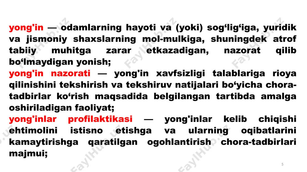 ‘ havo aralashmasini hosil qilishi; tutun, zaharli gazlarning ajralishi va ularning tez tarqalishi; elektr kuchlanishi ostidagi asboblarning mavjudligi; bosim ostida turgan idish va asbob sig‘imlarining portlashi; bino, qurilma va texnologik uskunalarning buzilishi hamda qulashi; bino ichida ko‘p miqdorda ilmiy, moddiy va boshqa qimmatbaho boyliklarning mavjudligi. 12 ob'ektning yong'in xavfsizligi yong'in oldini olish va yong'indan himoya qilish tizimlari, shu jumladan tashkiliy va texnik tadbirlar bilan ta'minlanishi kerak. yong'in xavfsizligi tizimlari odamlarning va moddiy boyliklarni yong'in xavfsizligi ta'minlash darajasi, shuningdek, ushbu tizimlarning moddiy boyliklar uchun samaradorligining iqtisodiy mezonlari, ob'ektlarning hayot aylanish jarayonining barcha bosqichlarini (ilmiy rivojlanish, dizayn, qurilish, ekspluatatsiya) hisobga olgan holda va quyidagi vazifalardan birini bajarishi kerak: yong'in sodir bo'lishini istisno qilish; odamlarning yong'in xavfsizligini ta'minlash; moddiy boyliklarning yong'in xavfsizligini ta'minlash; bir vaqtning o'zida odamlarning va moddiy boyliklarni yong'in xavfsizligini ta'minlash. 13 qurilish ashyolarining yong'inga xavfliligi quyidagi yong'in-texnikaviy tasniflar bilan aniqlanadi: yonuvchanlik, alangalanish, yuza bo‘yicha alanga tarqalishi, tutash xossai (xususiyati) zaharliligi. …