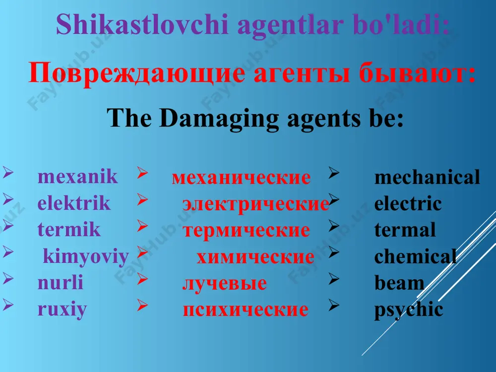 type 6. the complex trauma - if they are damaged different tissues 7. bir xil travma – shikastlanish sababi bitta bo'lgan shikastlanish 8. kombinatsiyalashgan – shikastlanish sabablari bir necha xil bo'lsa (masalan mexanik va termik shikastlanish bir vaqtda bo'lsa) 7. однородная травма - вызывается одним фактором 8. комбинированная - вызывается несколькими факторами (например механическая травма совместно с термической) 7. the uniform trauma - is caused one faktor. 8. multifunction - is caused several factors (for instance mechanical trauma with termal) mexanik shikastlanish механическая травма mechanical trauma elektrdan shikastlanish электрическая травма the electric trauma termik shikastlanish термическая травма the termal trauma kimyoviy shikastlanish химическая травма the chemical trauma nurlardan shikastlanish лучевая травма the beam trauma ochiq,operatsion shikast открытая, операционная травма openning, operating trauma qo'shma shikastlanish – bir vaqtni o'zida bir necha tizimlarni shikastlanishi (masalan, bosh miya chayqalishi, suyaklarni sinishi va bo'g'imlarni chiqishi) сочетанная травма – одномоментное поражение различных систем (например, сотрясение …