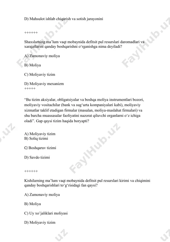 mahsulotlar savdosidan iborat bo‘lgan firmalar nima deb ataladi? a) moliyaviy vositachilar brokerlar aksianer makler +++++ resurslarning moliyaviy resurslari ortiqcha bo‘lgan iqtisodiy subyektlardan moliyaviy resurslari defitsit bo‘lgan iqtisodiy subyektlarga oqib o‘tishiga nima deyiladi? a) moliyaviy oqim moliyaviy tizim moliyaviy piramida to’g’ri javob ko’rsatilmaga ++++++ qimmatli qog‘ozlar va har xil mollar bilan savdo-sotiq qiladigan yirik savdo muassasasi; bozorni uyushtirishning tashkiliy shakli qanday nomlanadi?? a) birja market nasiya savdo do’kon +++++ kelgusidagi sarmoyalar uchun resursi yetishmaydigan firmalar qanday subyektlar deb ataladi? a) resurslari defitsit bankrot subyektlar moliyaviy subyektlar to’g’ri javob yo’q ++++++ aktsiyadorlik jamiyati foydasidan aksiya egalariga ularning aksiyalari miqdoriga muvofiq ravishda belgili vaqtlarda to‘lanadigan va ularning daromadiga aylanadigan qismi nima deyiladi? a) dividend aksiya foyda daromad +++++ o‘z faoliyatini rivojlantirish va moliyalashtirish uchun qimmatli qog‘ozlarni chiqaradigan tashkilot yuridik shaxs, ijroiya hokimiyat organi yoki o‘z-o‘zini boshqarish organi qanday nomlanadi? a) emitent birja auksion market ++++++ qarz mablag‘larini qoplash uchun foydalanishi mumkin bo‘lgan pul …