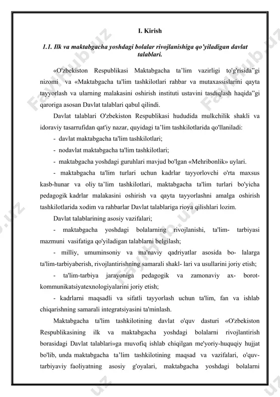 - nodavlat maktabgacha ta'lim tashkilotlari; - maktabgacha yoshdagi guruhlari mavjud bo'lgan «mehribonlik» uylari. - maktabgacha ta'lim turlari uchun kadrlar tayyorlovchi o'rta maxsus kasb-hunar va oliy ta’lim tashkilotlari, maktabgacha ta'lim turlari bo'yicha pedagogik kadrlar malakasini oshirish va qayta tayyorlashni amalga oshirish tashkilotlarida xodim va rahbarlar davlat talablariga rioya qilishlari lozim. davlat talablarining maqsadi - mamlakatda o'tkazilayotgan ijtimoiy-iqtisodiy islohotlarni, xorijiy mamlakatlar ilg'or tajribasi hamda ilm-fan yutuqlari vazamonaviy informatsion kommunikativ texnologiyalarni inobatga olgan holda maktabgacha ta'lim tizimida ma'nan mukammal va intellektual rivojlangan shaxsni tarbiyalashdir. o’zbekiston respublikasining ,,ta’lim to’g’risidagi’’ qonuni o’zbekiston respublikasi prezidentining 2016-yil 29-dekabrdagi pq-2707-son qarori 2017-yil 30 sentyabrdagi pq-3305-son qarori davlat ta’lablarini yaratishda xamkorlik · yunisef ning o’zbekistondagi vakolatxonasi texnik va metodologik ko’magi · janubiy kareaning puchon universiteti professorlari ishtirokidagi seminarlar , davra suhbatlari , yunisefning xalqaro ekspertlari · korea, rossiya, estoniya,belarus, buyuk britaniya xalqaro tajribalari o’rganildi. davlat ta’lablari bu · bola rivoji va ta’limida ishtirok etayotgan, ota onalar, pedagog va barcha …