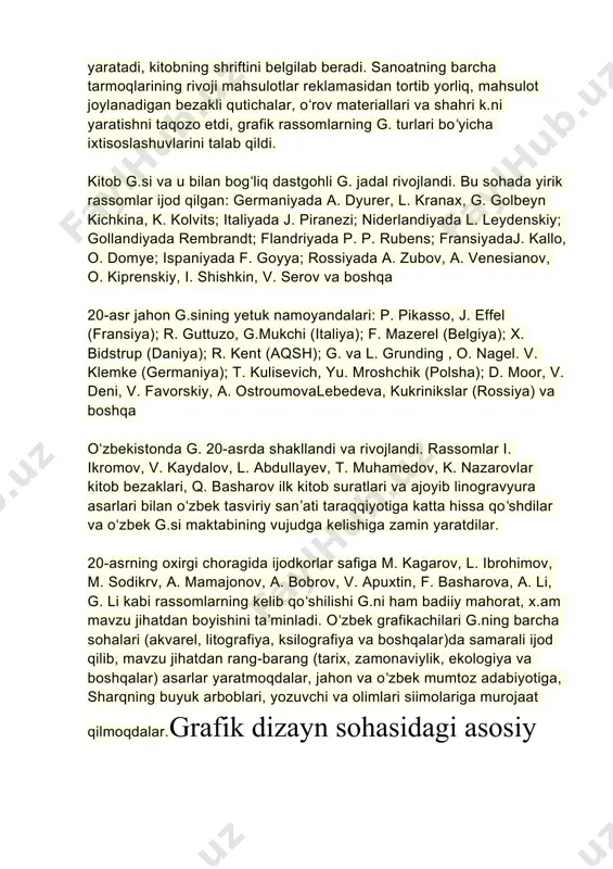 lari siimolariga murojaat qilmoqdalar.grafik dizayn sohasidagi asosiy platformalarning tarixiy rivojlanishini quyidagicha tashkil etish mumkin: 1980-yillar boshida vektor grafikasi asosida ishlaydigan programmalar, masalan, adobe illustrator kelib chiqqan. ular grafik obyektlarni raqamli ravishda saqlab, keyingi omillar ustida ishlash imkonini berardi. 1990-yillarning boshlarida bitmapping grafikasi ustun turgan programmalar, masalan, adobe photoshop kelib chiqqan. rasmalar ni tushirish, sobitlash va tasvir sohasida ishlash uchun qulay imkoniyatlarga ega edi. 2000-yillar boshida vektor va bitmapp grafikani birlashtiruvchi programmalar rivoj topgan. masalan, adobe indesign nashr sohasida ishlatiladi. 2010-yillarda vektor va bitmappni birlashtirish bilan birga, vebgrafika va veb-dizayn sohasiga mo'ljallangan programmalar, masalan adobe dreamweaver kelib chiqqan. 2020-yillarda esa grafik dizayn bilan bir qatorda aniq va axborot texnologiyalari, masalan sunitsiy dizayn, vr/ar texnologiyalari sababli rivoj topmoqda. masalan, adobe substance 3d grafik obyektlarni sunitsiy mohiyatga aylantiradi. kun tadan rivojlanib bormoqda bo'lgan grafik dizayn platformalari orqali sanab chorva, rasm tasvir va obyektlarni kreativ tarzda ishlab chiqish, tahrirlash va nashr qilish uchun zamonaviy …