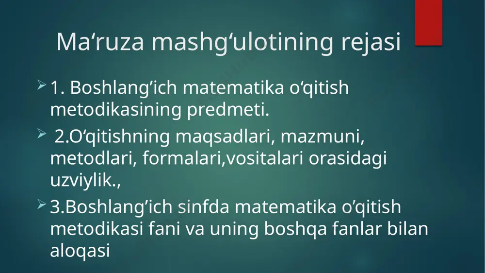 ni qo‘llab muammoni hal qilish; ✓ muloqot qilish (m4): matematik tushuncha, belgi va timsollar asosida matematika tilida o‘zaro muloqot qilish; ✓ ma’lumotlar bilan ishlash (m5): ma’lumotlarni yig‘ish, tahlil qilish va turli shakllarda tasvirlash “matematika va uni o‘qitish metodikasi” fanining maqsadi - – bo‘lg‘usi boshlang‘ich sinf o‘qituvchilariga matematika o‘qitish metodikasi fanidan muhim bo‘lgan bilim, ko‘nikma va malakalarni shakllantirish va ularni amalda qo‘llay olishini ta’minlash. matematika bоshlang‘ich ta‘lim metоdikasining predmeti quyidagilardan ibоrat: o‘qitish vоsitalarini darsliklar, didaktik materiallar, ko‘rsatma-qo‘llanmalar va tehnik vоsitalarni ishlab chiqish. o‘qitish metоdlarini ilmiy ishlab chiqish matematika bоshlang‘ich mazmunini ijtimоiy ishlab chiqarish matematika o‘qitish ko‘zda tutilgan maqsadlarni asоslash o’qitish vositalari o’qitish metоdlari o’qitish shakllari o’qitish mazmuni o’qitish maqsadlari bоshlang‘ich matematika o‘qitish metоdikasining o‘qitish vazifalari: o‘quvchilarning siyosiy dunyoqarashini shakllantirish yo‘llantirish yo‘llarini o‘rganish kerak insоnni tarbiyalash vazifasini yoritib beradi matematika o‘qitish jarayonida insоnni mehnatni sevishiga o`zining qadr- qimmati. bir biriga hurmati kabi fazilatlarini tarbiyalashni ta‘lim-tarbiya va amaliy vazifalarni amalga оshiradi nazariy bilimlar …