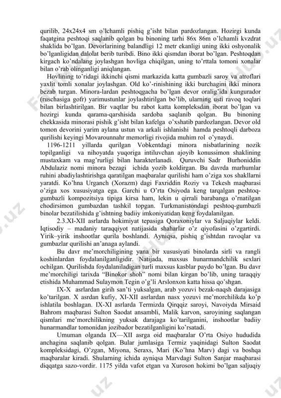 ushbu minora buxoro me’morchilik maktabining noyob asarlaridandir. kalon minorasi baland bo’lishiga qaramay o’tgan 9 asr davomida ro’y bergan ko’plab er silkinishlariga qarshilik ko’rsatib kelgan. u keyingi davrda dastlab 1924 yilda ta’mirlangan. er ostida qolib ketgan qismi 1960 yillarda ta’mirlangan. ustuvorlik siri inshoot konstruksiyasi hamda g’isht terimining sifatliligi, zilzilabardosh echim qabul qilinganligidadir. 2.2.o’rta osiyodagi eng baland minora buxorodagi kolon masjidi minorasi bo’lib uning badandligi 60 m,ga etadi. bularda ham g’ishtning badiiy imkoniyatlari ularning tashki bezagini belgilashda muhim rol uynagan. aslida g’isht minora yuzasi naqshini tashkil etuvchi birdan bir element bo’lib qolgan. ularning taxlanishi va turish xolati hisobiga yuza o’ziga xos ko’rinish va latofat kashf etgan. jarqo’rg’on minorasi (1108-09 yillar) o’ziga xos uslubda yaratilgan va harakteri jihatidan avvalgi u1-ush asr me’morchilik uslubini davom ettiradi. bu minora usta maxmud o’g’li ali tomonidan qurilgan. keyinchalik shu jarqo’rgon minorasiga o’xshash qurilma delida (kutb-minor), xurosondagi minorali maqbarada o’z aksini topgan. va bu minoralar rivojiga o’rta osiyo …