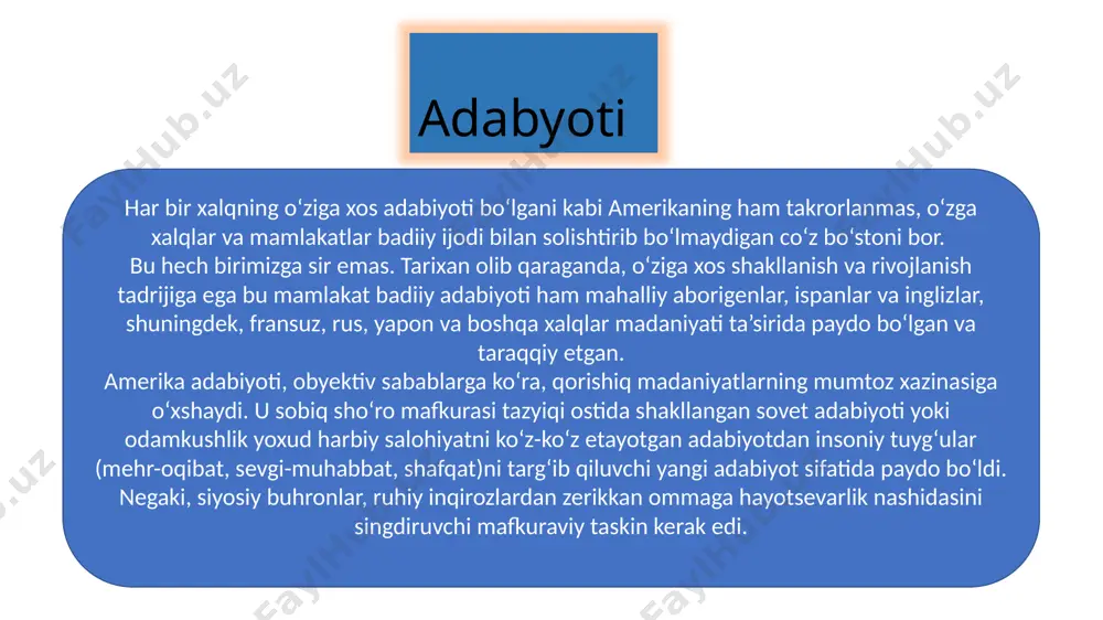 ndi. 1775–83-yillardagi shimoliy amerikada mustaqillik uchun urush davomida 1776-yil 4 iyulda federal davlat – amerika qoʻshma shtatlariga asos solindi va u respublika deb eʼlon qilindi. j. vashington amerika qoʻshma shtatlarining birinchi prezidenta etib saylandi. mamlakat shimolida sanoat va fermerlik, janubiyda quldorlikka asoslangan dehqonchilik rivojlandi. gʻarbdagi indeys qabilalarini haydab yuborish va yangi yerlarni oʻzlashtirish hisobiga amerika qoʻshma shtatlari hududi tez kengaya bordi. 1803-yilda fransiyadan gʻarbiy luiziana „sotib olindi“, 1819-yilda ispaniya floridaning bahridan oʻtdi, 1836-yilda meksikadan texas tortib olindi. 19-asr mobaynida hozirgi kaliforniya, arizona, nyu-meksiko, nevada shtatlarining hududlari, kolorado va vayoming shtatlarining bir qismi qoʻshib olindi. 19-asr oʻrtalarida amerika qoʻshma shtatlarida „ikki partiyali tizim“ tarkib topdi. endi hokimiyatni demokratik partiya bilan respublikachilar partiyasi galmagal boshqaradigan boʻldi. shimoliy burjuaziyasi bilan janub plantatorlari oʻrtasidagi ziddiyat amerika qoʻshma shtatlarida 1861–65-yillar fuqarolar urushiga olib keldi, unda prezident a. linkoln boshchiligidagi shimoliy shtatlar gʻalaba qozondi. urush davomida yer ulushlari haqida (1862), quldorlikni bekor qilish toʻgʻrisida (1865) qonunlar …