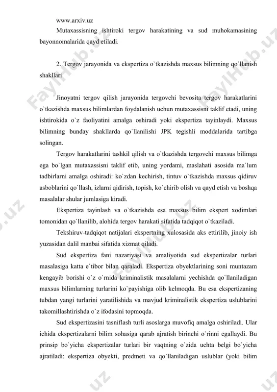 r bilan qaraladi. ekspertiza obyektlarining soni muntazam kengayib borishi o`z o`rnida kriminalistik masalalarni yechishda qo`llaniladigan maxsus bilimlarning turlarini ko`payishiga olib kelmoqda. bu esa ekspertizaning tubdan yangi turlarini yaratilishida va mavjud kriminalistik ekspertiza uslublarini takomillashtirishda o`z ifodasini topmoqda. sud ekspertizasini tasniflash turli asoslarga muvofiq amalga oshiriladi. ular ichida ekspertizalarni bilim sohasiga qarab ajratish birinchi o`rinni egallaydi. bu prinsip bo`yicha ekspertizalar turlari bir vaqtning o`zida uchta belgi bo`yicha ajratiladi: ekspertiza obyekti, predmeti va qo`llaniladigan uslublar (yoki bilim sohasi). alohida har bir belgi bo`yicha ekspertiza turini belgilash anglashilmovchilikka olib keladi. masalan, voqea joyidan topilgan o`q ham ballistika (o`q-snaryadlarning harakat qonunlari), ham metallar ekspertizasi obyekti bo`lishi mumkin yoki tilshunoslikka oid bilimlar dastxatshunoslik, muallifshunoslik, sud fonoskopiya ekspertizalarida keng qo`llanadi. aytib o`tilgan uch belgiga asosan kriminalistik, sud-tibbiy, sud-biologik, sud-muhandislik, sud-iqtisodiy, sud qishloq xo`jalik va boshqa turdagi ekspertizalar ajratiladi. o`z o`rinda bu ekspertizalar turlarga bo`linadi. xususan, kriminalistik ekspertizalar qatoriga asosan xatshunoslik, izshunoslik va sud ballistik ekspertizalar kiradi. …