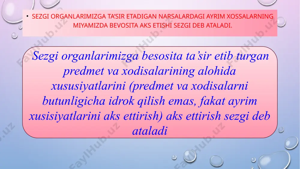 li 1% ta’m bilish, mazza sezgilari orqali 2% teri-taktil sezgilari orqali sezgi sifatlari - mazkur sezgining asosiy xususiyati bo’lib, uni boshqa sezgi turlaridan farqlaydi va ayni shu sezgi turi doirasida o’zgarib turadi. masalan, eshitish sezgisi past-balandligi, mayinligi, zo’rligi bilan farq qiladi va hokazo. adaptasiya - yoxud moslashuv - sezgi organlari sezgirligining qo’zg’atuvchi ta'siri ostida o’zgarishi demakdir. sensibilizasiya - analizatorlaming o’zaro munosabati va mashq qilishi natijasida sezgirlikning kuchayishidir. sinesteziya qo’zg’atuvchining bir anaiizatorga ta’siri bilan boshqa analizatorga xos sezgining paydo bo’lishidir. ko’rish, eshitish sinesteziyasi ko’proq uchraydi. sezgilar kontrasti: qarama-qarshi sifatga ega bo’lgan bir vaqtdagi qo’zg’alish tufayli sezgirlikning o’zgarishidir. masalan, tinch joyda tovush kuchliroq seziladi. oqimtir fonda qora rang qoraroq, qoramtir fonda oq rang yana ham och bo’lib seziladi. odam charchaganda sezgirlik pasayadi. harakat oshganda sovuqqa sezgirlik o’tkirlashadi. sezgirlik kasbga ham bog’liq. masalan, rassomlarda rang sezish, musiqachilarda tovush sezish va shu kabilar. idrok-deb sezgi a’zolariga bevosita ta'sir etib turgan narsa-hodisalar obrazlarini kishi ongida …
