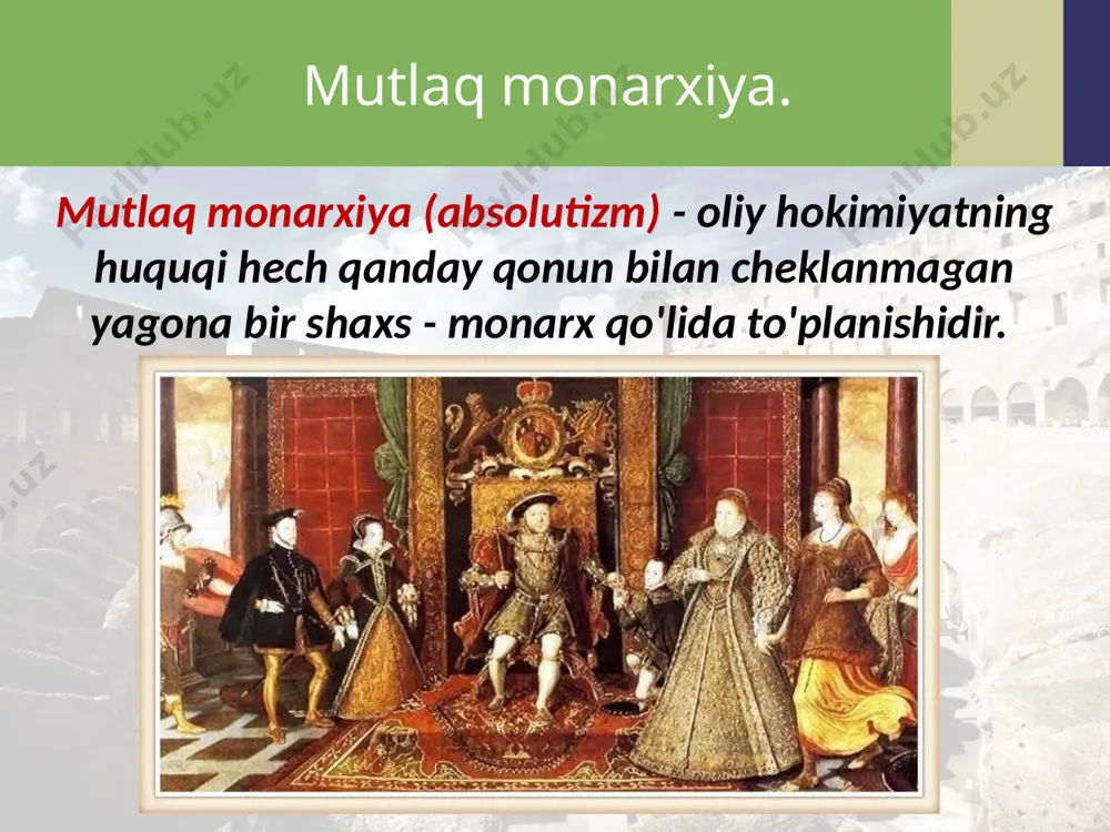 lakat yaxlitligini mustahkamlash edi. dengiz hukmronligi uchun kurash. angliyaning bu davrdagi ashaddiy dushmani katolik ispaniyasi edi. ispaniya qiroli filipp ii «shakkok» angliya qirolichasi yelizaveta i ga nafrat bilan qarardi. filipp ii bu davrda gollandiyada ispaniya zulmiga qarshi harakat boshlanganda yelizaveta i gollandiya tarafida turdi. oxir-oqibatda bu ikki davlat o'rtasida 1588-yilda urush kelib chiqdi. bo'lib o'tgan jangda angliya g'alaba qozondi. angliya esa yevropaning buyuk davlatiga va dengiz hukmdoriga aylandi. angliya uchun xvi asr ana shunday yakunlandi. reformatsiya nihoyasiga yetdi. yelizavetaning o'limi bilan tyudorlar sulolasining hukmronligi ham barham topdi. taxtga tyudorlar sulolasiga qarindosh shotlandiya qiroli yakov vi styuart o'tqazildi. shu tariqa angliyada styuartlar sulolasi hukmronligi boshlandi. yakov vi styuart savol va topshiriqlar 1. mutlaq monarxiya haqida nimalarni bilib oldingiz? 2. angliyaning bugungi to'liq rasmiy nomini ayting. u davlat tuzumiga ko'ra qanday davlatligini aniqlang. 3. angliyadagi reformatsiya va kontrreformatsiyalar haqida nimalarni bilib oldingiz? 4. xvi asr angliya tarixida qanday ahamiyatga ega? 5. yelizaveta …