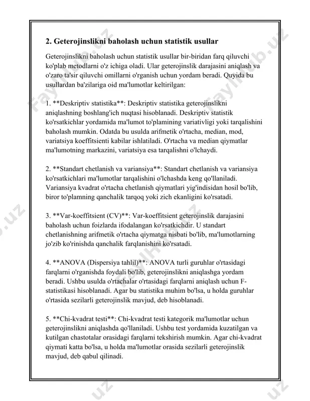 t bitta kichik va birxil guruhga asoslangan bo'lsa, unda natijalar umumiy populyatsiya uchun mos bo'lmasligi mumkin. shu sababli, eksperimentatorlar o'z tadqiqotlariga kengroq va xilma-xil ishtirokchilarni kiritish orqali geterojinslikni ta'minlashga intilishadi. eksperimental tadqiqotlarda geterojinslikni hisobga olishning yana bir sababi uning natijalar umumlashuviga ta'sir qilishi bilan bog'liq. agar tadqiqot ishtirokchilarining xilma-xilligi etarli darajada to'liq aks ettirilmasa, bu eksperiment natijalarini boshqa kontekstlarga to'g'ri qo'llash qiyin bo'lishi mumkin. masalan, faqat erkak ishtirokchilar o'rtasida olib borilgan bir tadqiqotning natijalari ayollarga nisbatan xulosa chiqarishda kutilmagan muammolarni keltirib chiqarishi mumkin. geterojinslikni statistika yordamida o'lchash va tahlil qilish imkoniyatlari mavjud. statistika tamoyili sifatida, variatsiya (o'zgaruvchanlik) ko'pincha geterojinslik darajasini ko'rsatadi. tadqiqot natijasidagi variatsiyani o'lchash orqali olimlar, natijalardagi farqlarni aniqlashtirish va o'rganish imkoniyatiga ega bo'ladilar. masalan, anova testi (dispersiya tahlili) eksperimentning respondir bog'liq qatlamlaridagi variatsiyalarni baholash va turli omillar ta'sirini o'rganish uchun ishlatiladi. bundan tashqari, eksperimental tadqiqotlarda geterojinslikni tuzatish (yoki nazorat qilish) usullari ham mavjud. shu jumladan, stratifikatsion tegrilar, blokirovka …