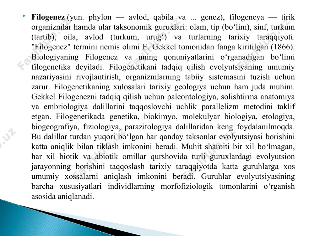olishingiz mumkin. filogenetik daraxtda bizni qiziqtirgan turlar yoki guruhlar daraxt shoxlari uchida joylashadi. misol uchun, quyidagi filogenetik daraxt beshta tur: a, b, c, d va e turlar orasidagi aloqalarni koʻrsatib, ular daraxt shoxlarining uchida joylashtirilgan. filogenetik daraxt shoxlarining qanday joylashgani bizning berilgan turlarning umumiy ajdoddan qanday kelib chiqqanligi haqidagi tushunchalarimizni ifodalaydi. har bir shoxlanish nuqtasi (ichki tugun deb ham ataladi) divergensiya hodisasi yoki bitta ajdodning ikki yoki undan ortiq turlarga ajralishini koʻrsatadi. har bir shoxlanish nuqtasida ushbu shoxlar uchida joylashgan barcha turlarning eng soʻnggi umumiy ajdodi joylashgan. misol uchun, a va b turlar ajralib chiqqan shoxlanish nuqtasida ushbu turlarning eng soʻnggi umumiy ajdodi keltirilgan. daraxtning pastki qismi yoki ildizi tepasidagi birinchi shoxlanish nuqtasida barcha turlarning (a, b, c, d, e) umumiy ajdodi keltirilgan. dnk tarkibidagi ma'lumotlarni o'zgartirish uchun natijada olingan ketma- ketliklarni (yoki rapd, aflp va boshqalarni) tahlil qilish uchun tayyorlash kerak - matritsa yoki alignment alignment - nukleotidlar o'rtasidagi …