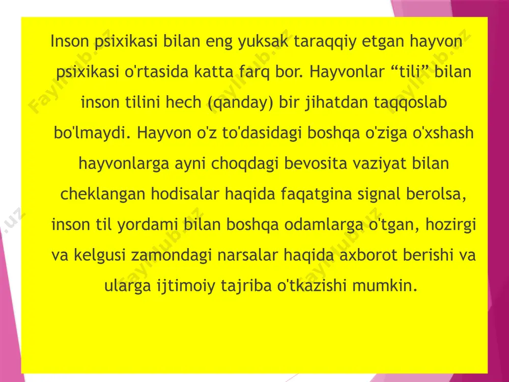 asini o'zlashtirmas ekan, o'ziga o'xshagan odamlar bilan munosabatga kirishmas ekan, shaxs sifatida tarkib topmaydi. inson ongining rivojlanishiga asosiy omil mehnat faoliyati bo'lgan, ya'ni odamlarning birgalikda qurol yasash va undan foydalanish faoliyatlari bo'lgan. mehnat faoliyati ijtimoiy munosabatlar taraqqiyotiga ta'sir qiladi, ijtimoiy munosabatlarning rivojlanishi esa mehnat faoliyatining takomillashuviga ta'sir ko'rsatadi. inson ongi mehnatda rivojlanadi. inson ongi evolyutsion taraqqiyot jarayonida aks ettirishning eng yuksak shakli sifatida maydonga kelib, ong tufayli odam moddiy dunyodagi narsalarning ob'ektiv barqaror xususiyatlarini ajrata oladi va shu asosda tevarak -atrofdagi voqelikni o'zgartira oladi. demak, inson psixikasini - ong deb atash mumkin. shuningdek, "ontogenez" tushunchasining ruhiy xususiyatlarini tushuntirish uchun ikkala omilni - irsiy va ijtimoiy omillarni birlashtirishga urinishlar qilingan. bu psixologiyada uchinchi yo'nalish - ikki omil nazariyasi paydo bo'ldi. birinchi tadqiqotchi v. stern bo'lib, u ikki omilning yaqinlashish printsipini shakllantirgan. ushbu printsipga ko'ra, shaxsning rivojlanishidagi irsiy chiziq uning ijtimoiy muhiti tomonidan belgilanadigan chiziq bilan kesishadi shunga ko'ra, inson psixologiyasining ontogenezi …