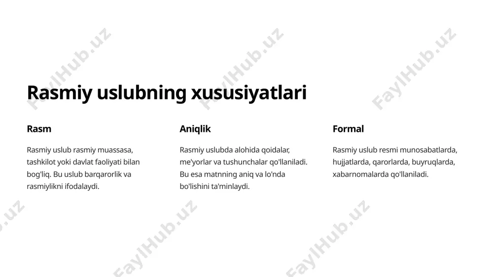 rasmiy uslub qat'iy grammatik me'yorlarga amal qilinadi, so'z yasalishi, so'z turkumlari va sintaktik me'yorlarga amal qilinadi. ilmiy uslub murakkab grammatik qurilmalar, umumlashtirilgan, abstrakt tushunchalar, kausal aloqalarni ifodalovchi sintaktik konstruktsiyalar qo'llaniladi. 6 so'z tarkibiga ta'siri rasmiy uslub rasmiy uslubda leksik tayyor birliklar, shablonlar, terminlardan foydalaniladi. ilmiy uslub ilmiy uslubda terminologiya ustunlik qiladi, yangi so'zlar va atamalar paydo bo'ladi. 7 sintaktik xususiyatlar rasmiy uslub rasmiy uslubda sodda, qisqa gaplar, murakkab qo'shma gaplar, passiw konstruktsiyalar qo'llaniladi. ilmiy uslub ilmiy uslubda murakkab sintaktik konstruktsiyalar, ko'plab subordinatsion bog'lovchilar, absolyut konstruktsiyalar kuzatiladi. 8 uslubiy xususiyatlar 1 rasmiy uslub rasmiy uslub emotsional-badiiy vositalardan xoli, unga indifferent munosabat xos. 2 ilmiy uslub ilmiy uslub emotsional-badiiy vositalardan foydalanmaydi, obyektiv, kasbiy, abstrakt va emotsiyasiz. 9 xulosa farqlar rasmiy va ilmiy uslublar bir-biridan uslubiy, grammatik va leksik xususiyatlari bilan farq qiladi. qo'llanish sohalari rasmiy uslub davlat, ta'lim, oav sohasida, ilmiy uslub esa ilmiy tadqiqotlar va o'quv jarayonida qo'llaniladi. maqsad rasmiy uslub …