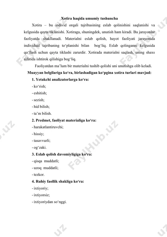 avvurli, so‘zli – mavhum va oraliq. bu turlar inson yuqori nerv faoliyati signal tizimlarining birinchi va ikkinchi turlari o‘zaro nisbatiga bog‘liq. xotira u yoki bu turining ustunligi, xususan, inson hayoti va faoliyati shart – sharoitlariga bog‘liq. masalan: ko‘rgazmali – tasavvurli xotira turi ko‘pincha rassomlarda uchraydi. ko‘rgazmali – tasavvurli xotira turi turli xil taassurotlarni eslab qolishda qanday analizator unumdorli bo‘lishiga qarab farqlanadi. shunga muvofiq harakatlantiruvchi, ko‘rish va eshitish xotirasini farqlaydilar. bu turlar alohida juda kam uchraydi. ko‘p holda aralash turini uchratish mumkin: ko‘rish – harakatlantiruvchi, ko‘rish – eshitish, eshitish – harakatlantiruvchi. xotira tuzilishining tartibsizligi hukmron turga bog‘liq. shunday qilib, xotira hajmining buzilshi bosh miya yarim sharining disfunksiyasiga, taqdim etilgan ma’lumotlarni tiklash tartibidagi qiyinchiliklar esa – o‘ng yarim sharning disfunksiyasi bilan bog‘liq. inson o‘z xotirasining muvofiq xususiyatlarini, uning unumdorligini oshirish uchun ishlatadi. nutq buzilishlarida xotira hususiyatlari ntr bolalar xotirasi tadqiqotlari bilan g.s.gumennaya, m.i.belyajova, y.f.garkusha, o.n.usanova va boshqa olimlar shug‘ullanganlar. aniqlanishicha, bunday bolalar …