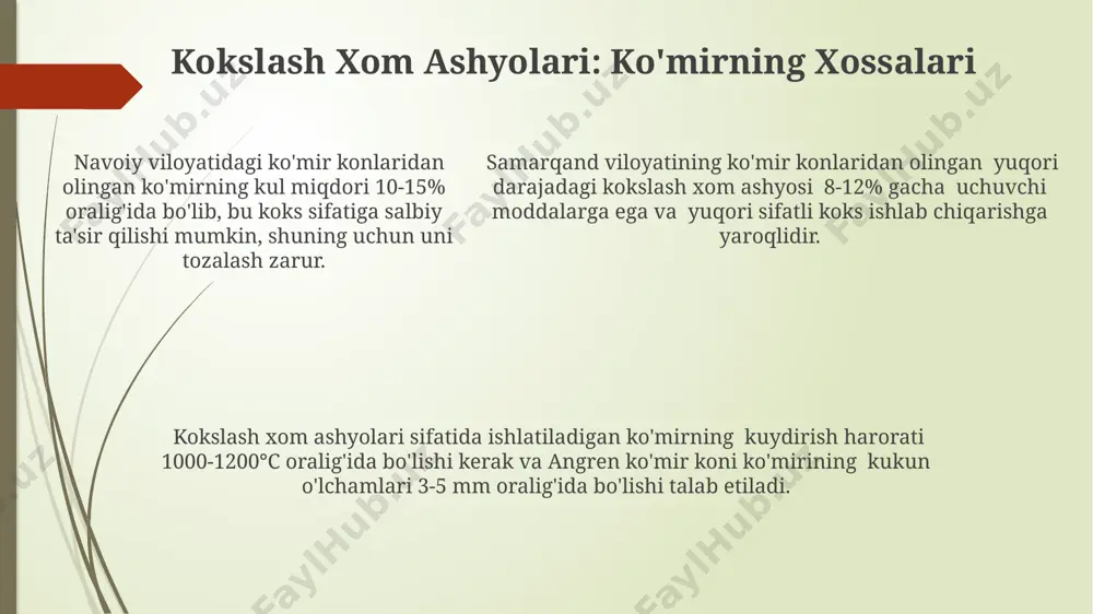ir konlaridan olingan ko'mirni qayta ishlashda, gazlashtirish jarayoni orqali 20% gacha energiya tejash mumkin, bu esa iqtisodiy jihatdan foydali hisoblanadi. sintetik gaz ishlab chiqarish sintetik gaz olishda ko‘mirning turini tanlash muhim; yuqori darajada uchuvchan moddalarga ega ko‘mir turlari (masalan, 35% dan ortiq uchuvchan moddalar bilan) samaraliroq sintetik gaz hosil qiladi. gazogeneratorlarda sintetik gaz ishlab chiqarish jarayoni, bir soatda 5 tonna ko‘mir qayta ishlash quvvatiga ega bo‘lgan yirik qurilmalar yordamida, 20-30% samaradorlik bilan amalga oshiriladi. sintetik gaz ishlab chiqarish jarayonida, masalan, o‘zbekistonning muborak shahridagi zavodlarda, 1000°c dan yuqori haroratlarda ko‘mirning gazlanishi natijasida yiliga o‘rtacha 500 000 m³ sintetik gaz olinadi. kelajakdagi tendentsiyalar va innovatsiyalar jahon boʻyicha 2030-yilga kelib koks ishlab chiqarishda 15% gacha energiya samaradorligini oshirishga qaratilgan innovatsion texnologiyalar, xususan, germaniya va yaponiyada rivojlanmoqda. yevropa ittifoqida 2025-yilga qadar koks ishlab chiqarishda karbon emissiyasini 30% ga kamaytirish maqsadini qoʻygan holda, yangi avlod karbonni ushlovchi texnologiyalar joriy etilmoqda. yevropa ittifoqida 2025-yilga qadar koks …