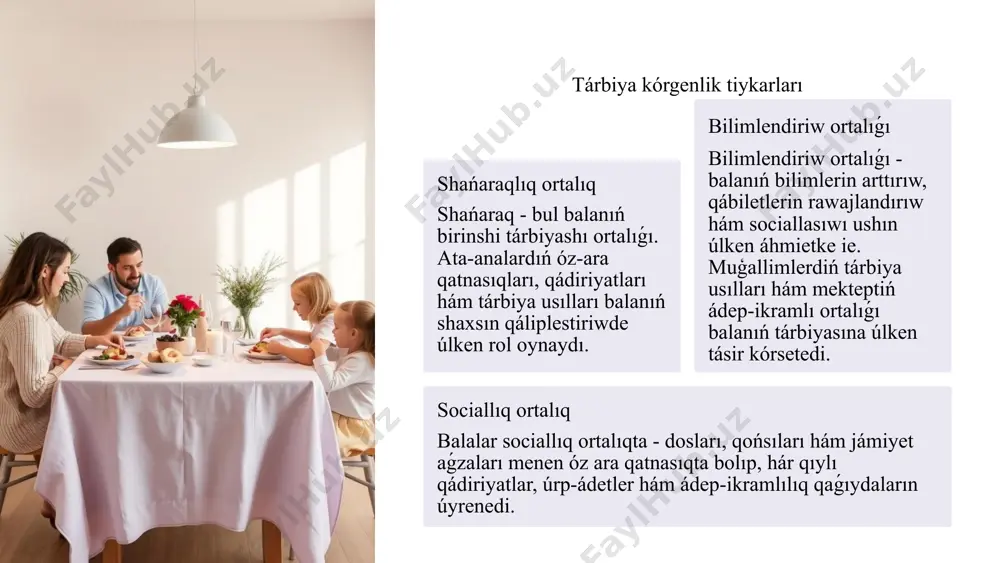 tárbiyasında áhmiyetli rol oynaydı. jámiyettiń mádeniy hám ádep-ikramlılıq qádiriyatları, úrp-ádet hám dástúrleri bala shaxsınıń qáliplesiwine tásir etedi. jámiyet aǵzaları, muǵallimler, ata-analar hám basqa da tárbiyashılar birgelikte balalarǵa jaqsı tárbiya beriw, olardıń ádep-ikramlılıq hám sociallıq qádiriyatlardı qáliplestiriwde járdem beriw hám olardıń keleshekte tabıslı turmıs keshiriwine úles qosıwı kerek. 7 balalarda tárbiya kórgenlikti bahalaw belgisi túsindirme o'zini boshqarish balalar óz háreketlerin hám sezimlerin basqarıw, qaǵıydalarǵa ámel etiw hám óz juwapkershiliklerin óz moynına alıw qábiletine iye bola ma? hurmet hám miyrim-shápáát balalar úlkenler hám teńleslerine húrmet, miyrim-shápáát hám ǵamxorlıq kórsetiwge háreket etedi me? juwapkerlik balalar óz wazıypaları hám juwapkershiliklerin óz moynına alıw, tapsırmalardı orınlaw hám óz waqtın rejelestiriw qábiletine iye bola ma? jaqsılıq hám qayır-saqawat balalar jaqsılıq etiw, basqalarga járdem beriw hám qayırqomlıq isleri menen shuģıllanıw tilegin kórsetedi me? 8 tarbiya kórgenlikti jaqsılaw ushin kózqaraslar sóylesiw hám tıńlaw ata-analar hám oqıtıwshılar balalar menen ashıq hám shın kewilden sóylesip, olardı tıńlaw, pikirlerin túsiniw hám …