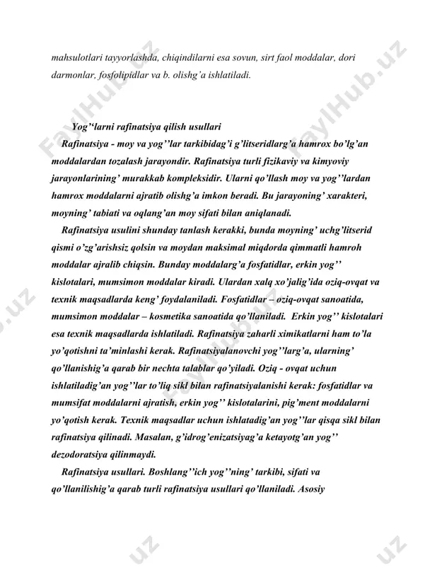 qorsiz rafinatsiyalash usullari kiradi. fosfatidlarni suv va elektrolitlarning’ suvli eritmasi yordamida moyg’a ishlov berish bilan ajratib olinadi. bu usul g’idrotatsiyalash deb ataladi. rafinatsiya usullari asosiy vazifasi 1 g’idromexanik tindirish sentrifug’alash filtrlash suspenziyalarni yoki moyg’a aralashmaydig’an suyuqliklarni ajratish 2 fizik-kimyoviy g’idrotatsiyalash o’tasovitish fosfatidlar yoki g’idrofilnqx moddalarni ajratib olish. yuqori eruvchi moddalarni ajratib olish. neytrallash erkin yog’’ kislotalarini yo’qotish. yuvish sovun va boshqa suvda eruvchi moddalarni yo’qotish. quritish namlikni yo’qotish. 3 massaalmashinuv oqlash pig’mentlarni, boshqa bo’yoq moddalarni, shuning’dek sovunni yo’qotish. dezodoratsiya noxush hid va ta’m beruvchi moddalarni yo’qotish. ishqorsiz rafinatsiya erkin yog’ kislotalarni, noxush hid va ta’m beruvchi mooddalarni yo’qotish. erkin yog’’ kislotalari ishqor bilan reaksiyag’a kirishib, sovun holida ajratiladi. bu jarayon neytrallash deyiladi. shuning’dek, bo’yoq moddalar adsobsion rafinatsiyalash – oqlash jarayoni, noxush hidlar va zaharli ximikatlar – dezadoratsiyalash jarayoni yordamida moydan tozalanadi. biroq, yuqorida berilg’an rafinatsiya usullarining’ klassifikatsiyasi shartlidir. hamma aralashmalarni bitta usul yordamida yo’qotish mumkin emas, shuning’ uchun amalda bitta …