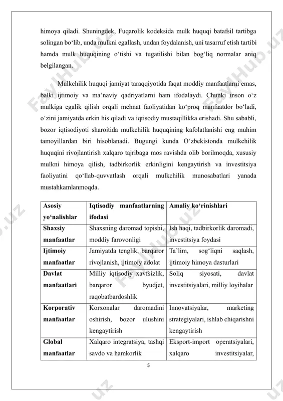 . bunday mulk turi zamonaviy iqtisodiyotda samarali natijalar berib, davlat va xususiy sektorning hamkorligini kuchaytiradi. · chet el mulki – bu xorijiy fuqarolar yoki kompaniyalarga tegishli mulkdir. o‘zbekistonda chet el mulkini himoya qilish qonun bilan kafolatlangan bo‘lib, bu xorijiy investorlar uchun qulay investitsiya muhitini yaratadi. shuningdek, mulkchilik turlari nafaqat subyektiga ko‘ra, balki obyektiga qarab ham farqlanadi. masalan, yer mulki, ishlab chiqarish vositalari mulki, intellektual mulk, moliyaviy aktivlar (pul, qimmatli qog‘ozlar) mulki kabi ko‘plab turlari mavjud. bugungi globallashuv sharoitida intellektual mulkning (patent, mualliflik huquqi, savdo belgisi va boshqalar) ahamiyati tobora ortib bormoqda. demak, mulkchilikning shakllari va turlarining xilma-xilligi jamiyatda iqtisodiy barqarorlik, ijtimoiy adolat hamda raqobat muhitini ta’minlashga xizmat qiladi. o‘zbekistonda barcha mulk shakllarining teng huquqliligi konstitutsiyaviy kafolatlanganligi tufayli mulkchilik munosabatlari izchil rivojlanib bormoqda. iqtisodiy manfaat turi asosiy mazmuni o‘ziga xos jihatlari amaliy misollar moddiy manfaatlar daromad va moliyaviy barqarorlikka qaratilgan shaxs va korxona iqtisodiy faoliyatining asosiy harakatlantiruvchi kuchi ish haqi, foyda, …