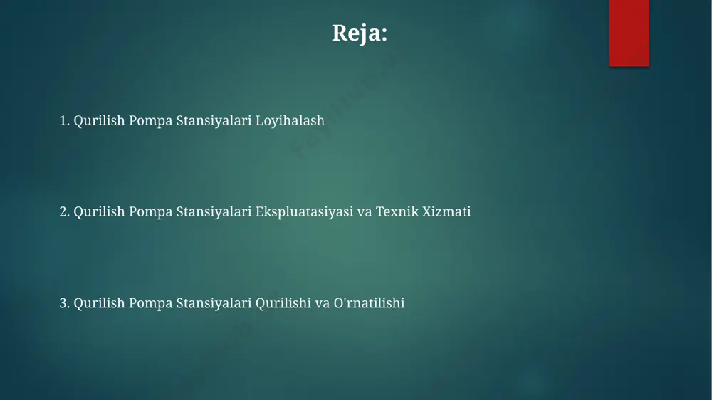 ab qiladi. quritish nasos stansiyalarining umumiy ko'rinishi quritish nasos stansiyalari, o'rtacha 5-10 kvt quvvatga ega nasoslarni o'z ichiga olib, kuniga 1000-5000 kubometr suvni qayta ishlashga qodir. quritish jarayonlarining samaradorligini oshirish uchun, ko'pgina stansiyalar ikki bosqichli filtrlash tizimlari va suvning haroratini aniq nazorat qilish tizimlaridan foydalanadilar. katta quvvatli quritish nasos stansiyalari (50 kvt dan yuqori) ko'pincha sensorli boshqaruv tizimlari va avtomatlashtirilgan jarayonlarni nazorat qilish tizimlari bilan jihozlangan. quritish nasos stansiyalarining ishlash printsipi quritish jarayonining samaradorligini oshirish uchun, suvning bosimi va oqim tezligi sensorlar yordamida doimiy ravishda monitoring qilinadi va 0.1 mpa dan yuqori bosimda avtomatik ravishda to'xtatiladi. quritish nasos stansiyalari suvni 150-300 m³ /soat tezlikda nasoslar yordamida quritish maydoniga etkazib beradi va bu jarayon avtomatlashtirilgan boshqaruv tizimi orqali nazorat qilinadi. har bir nasos stansiyasi o'rtacha 3-5 ta yuqori bosimli nasoslardan tashkil topgan bo'lib, ularning har biri 50-100 kvt quvvatga ega. e'tiboringiz uchun rahmat @taqdimot_robot image1.png image2.png image3.png image4.png image5.png image6.png image7.png …