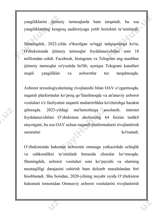 statistik ma'lumotlarni ko'rib chiqish mumkin. 1. **senzura darajasi**: ba'zi xalqaro tashkilotlar, masalan, "chegara bilmas muxbirlar", har yili dunyo bo'ylab press erkinligini baholashadi. ularning ma'lumotlariga ko'ra, 2023-yilda o'zbekiston press erkinligi bo'yicha indeksda 180 mamlakat orasida 157-o'rinda turadi. bu raqam mamlakatda press erkinligi bilan bog'liq muammolar mavjudligini ko'rsatadi. 2. **qonunostalik bazasi**: oʻzbekistonda ommaviy axborot vositalarining faoliyatini tartibga solishda bir nechta asosiy huquqiy hujjatlar mavjud. asosiy qonun "ommaviy axborot vositalari to'g'risida" gi qonun bo'lib, bu qonun ommaviy axborot vositalarining huquqlari va majburiyatlarini belgilab beradi. shuningdek, "axborot olish erkinligi haqida" gi qonunlar ham mavjud, ular oav faoliyatini muvofiqlashtirishda muhim rol oʻynaydi. 3. **internet senzura**: internet erkinligi bo'yicha ma'lumotlarni taqdim etuvchi freedom house tashkilotining 2023-yilgi hisobotida o'zbekiston "erkin bo'lmagan internet" toifasiga kiritilgan. ushbu hisobotga ko'ra, mamlakatda internet kontentining ayrim qismlari, jumladan, siyosiy va ijtimoiy masalalarga oid saytlar bloklanishi mumkin. 4. **axborot instansiyalari soni**: 2023-yilda o'zbekistonda faoliyat yuritayotgan rasmiy ro'yxatga olingan oavlarning umumiy soni atrofida 1,200 …
