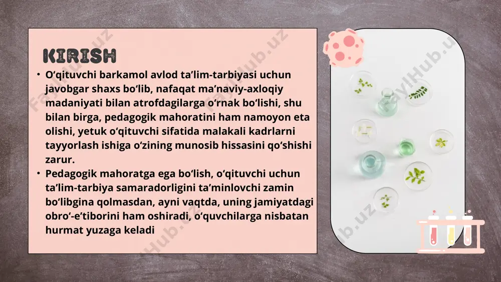 psixolog olimlar ta’kidlab o‘tishgan. chunki o‘quvchi o‘qituvchining yurish-turishi, kiyinishiga, gapirishiga taqlid qiladilar. bola garchi yosh bo‘lsa-da, uning inson ekanligini yoddan chiqarmaslik kerak, uni ko‘pchilik oldida obro‘sizlantirmaslik, g‘ururini toptamaslik kerak. “ilg‘or o‘qituvchi” avvalo boshqa o‘qituvchilarga qaraganda o‘z ishiga mas’uliyat bilan qaraydi. shu sohadagi ijobiy tajribalarni o‘rganib, o‘z darslarida, ta’lim muassasasidan va guruhdan tashqari tarbiyaviy tadbirlarda qo‘llaydi. shu orqali u ta’lim va tarbiya sohasida muayyan yutuqlarni qo‘lga kiritadi. o‘qituvchi mehnatini ilmiy asosda tashkil etishda pedagogik mahoratning roli. pedagogik mahorat – o‘qituvchilarning shaxsiy (bolajonligi, xayri-xohligi, insonparvarligi, mehribonligi va h.k.) va kasbiy (bilimdonligi, zukkoligi, fidoyiligi, ijodkorligi, qobiliyati va hokazo.) fazilatlarini belgilovchi xususiyat bo‘lib, o‘qituvchilarning ta’lim-tarbiyaviy faoliyati-da yuqori darajaga erishishini, kasbiy mahoratini doimiy takomillash-tirib borish imkoniyatini ta’minlovchi faoliyatdir. u o‘z fanini mukammal bilgan, pedagogik–psixologik va metodik tayyorgarlikka ega bo‘lgan, o‘quvchilarni o‘qitish, tarbiyalash va rivojlantirishning optimal yo‘lla-rini izlab topish uchun, amaliy faoliyat olib boradigan har bir o‘qituv-chining kasbiy faoliyatida namoyon bo‘ladi. xulosa ta’lim muassasalarida faoliyat ko‘rsatayotgan …