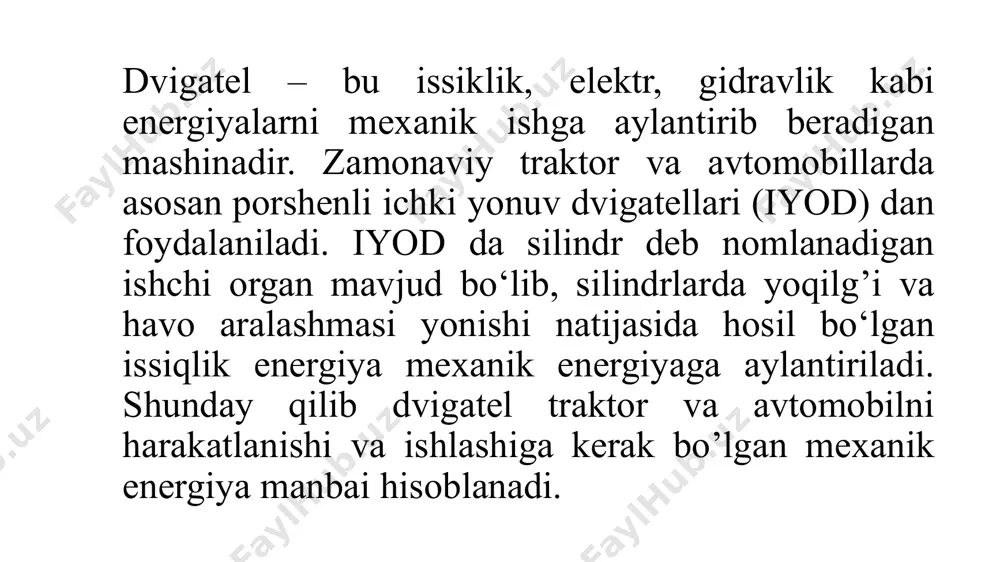 chekka nuqtadan pastki chekka nuqtaga harakat qilganda bo‘shatayotgan hajmni ishchi hajm deb ataymiz va uni vh bilan belgilaymiz. bu hajm litrda yoki sm3 da o’chanib quyidagicha aniqlanadi bu yerda: d - silindming diametri, sm. s - porshen yo‘li, sm. dvigatel ko‘p silindrli bo‘lsa, har bir ishchi hajmlarining yig‘in- disini dvigatelning litraji deb ataymiz va u ham litrlarda o‘lchanadi. belgisi vi. ishchi hajmlaming yig‘indisi, ya’ni dvigatelning litraji quyidagicha aniqlanadi. vi= i*vh, 1 bu yerda: i - silindrlar soni. sovitish tizimi - harakat paytida qizigan detal yoki qismlami sovitadi. moylash tizimi - ishqalanib ishlovchi yuzalami moylaydi va qisman ulami sovitadi. ta'minlash tizimi - dvigatelni yuklanishiga mos ravishda yoqilgi va havo bilan ta’minlaydi. yurgizib yuborish tizimi - tinch turgan dvigatelni yurgizib yuborish uchun xizmat qiladi uchqun bilan alangalatadigan dvigatelda o‘t oldirish tizimi ham mavjud. uning vazifasi silindming ichidagi aralashmani ishonchli va belgilangan vaqtda yondirib yuborishdir image1.jpeg image2.jpeg /docprops/thumbnail.jpeg