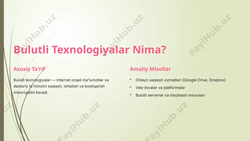 aniqlash. strukturaviy tahlil texnologiyaning asosiy elementlari va ularning o'zaro aloqalarini tahlil qilish. foyda va cheklovlar afzalliklar va imkoniyatlarni aniqlash, shuningdek kamchiliklarni baholash. amaliy qo'llanilishi olingan ma'lumot va tahlillar asosida turli sohalarda qo'llash imkoniyatlarini o'rganish. 6 bulutli texnologiyalarni o'zbekistonda tatbiqi sanoatda qo'llanilishi moliya va bankchilik ta'lim va ilmiy-tadqiqot sog'liqni saqlash xizmatlari texnologik infratuzilma mahalliy bulutli serverlar yuqori tezlikdagi internet tarmoqlari davlat dasturlari va investitsiyalar 7 asosiy xulosalar va keyingi qadamlar 1 bulutli texnologiyalar o'zining moslashuvchanligi va samaradorligi bilan ajralib turadi 2 tahlil metodi o'quv jarayonini yaxshilaydi va texnologiyani chuqurroq tushunishga yordam beradi 3 o'zbekistonda bulutli texnologiyalarni keng tatbiq etish uchun infratuzilma va malakali kadrlar kerak 4 keyingi bosqichlarda amaliy loyihalar yaratish va yangi bilimlarni qo'llash muhim 8 image1.png image2.png image3.png image4.png image5.png image6.png image7.png image8.png image9.png image10.png image11.png image12.png image13.png image14.png image15.png