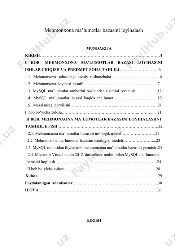 yoʻnalishdagi ishlar hozir ham davom etmoqda. hozirgi sharoitda turizm sohasida raqobat muhiti mavjud boʻlib, bozor munosabatlarining murakkabligiga qaramay, oʻzbekistonda qator turistik firmalar va mehmonxonalar tashkil etilmoqda, lekin ularning koʻpchiligi ma’lum vaqtdan soʻng raqobatga dosh berolmay turizm bozoridan chiqib ketmoqda. statistik ma’lumotlarga koʻra, respublikada 2010 yilda 374 ta mehmonxona faoliyat koʻrsatgan boʻlsa, 2011 yilga kelib ularning soni 254 tani tashkil qilgan, shuningdek turistik firmalar soning kamayishi ham bu xolni tasdiqlaydi. ma’lumki, turizm sohasida mehmonxona xizmatlari alohida oʻrin egallaydi. mehmonxonalarda taklif etiladigan xizmatlar assortimenti va sifatini oshirish, uning raqobatbardoshligini ta’minlash turizm sohasining dolzarb muammolaridan biridir. mavzu dolzarbligi. mehmonxona tarmoqlari ma’lumotlar bazasini ishlab chiqib koʻplab muammolarni xal qilish mumkin. masalan: · barcha ma’lumotlar elektron tarzda boʻladi · mehmonxonalarning ma’lumotlar bazasi, ma’lumot saqlanishi va oʻzgartirishlarning barchasi elektron tarzda boʻladi · avtomatlashtirish tizim yaratilgandan keyin xarajatlar kamayadi · ish jarayoni qulaylashadi bu kabi ishlar hozirgi kunda yurtimizning barcha joylarida, barcha sohalarida amalga oshirilayotganligi bizni yanada …