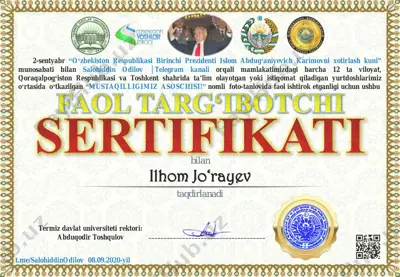 faol targ'ibotchisi sertifikati — PDF