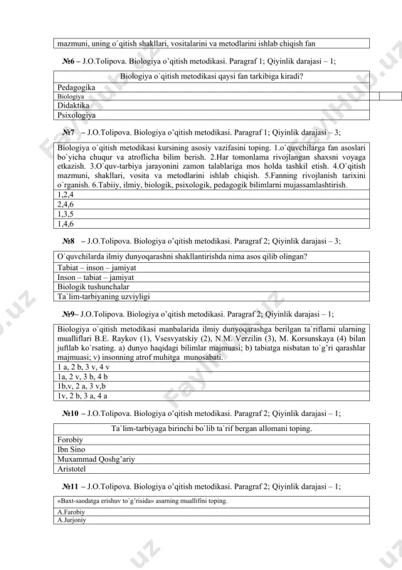 etish o`quvchilarga atroflicha chuqur bilim berish, barkamol shaxsni kamol toptirishga ko`mak beruvchi o`quv fanining mazmuni, uning o`qitish shakllari, vositalarini va metodlarini ishlab chiqish. o`quv-tarbiya jarayonining printsiplari, qonuniyatlari xaqidagi fan; o`quvchilarga atroflicha chuqur bilim berish, barkamol shaxsni kamol toptirishga ko`mak beruvchi o`quv fanining mazmuni, uning o`qitish shakllari, vositalarini va metodlarini ishlab chiqish. №5 – j.o.tolipova. biologiya o’qitish metodikasi. paragraf 1; qiyinlik darajasi – 3; biologiya o`qitish metodikasi fanining maqsadini toping. biologiya o`quv fanining mazmuni, uning o`qitish shakllari, metodlari, vositalarini o`zaro bog’liq holda joriy etish o`quv-tarbiya jarayonining printsiplari, qonuniyatlari xaqidagi o`quvchilarga atroflicha chuqur bilim berish barkamol shaxsni kamol toptirishga ko`mak beruvchi o`quv fanining mazmuni, uning o`qitish shakllari, vositalarini va metodlarini ishlab chiqish o`quv-tarbiya jarayonining printsiplari, qonuniyatlari xaqidagi; o`quvchilarga atroflicha chuqur bilim berish, barkamol shaxsni kamol toptirishga ko`mak beruvchi o`quv fanining mazmuni, uning o`qitish shakllari, vositalarini va metodlarini ishlab chiqish fan №6 – j.o.tolipova. biologiya o’qitish metodikasi. paragraf 1; qiyinlik darajasi – 1; …