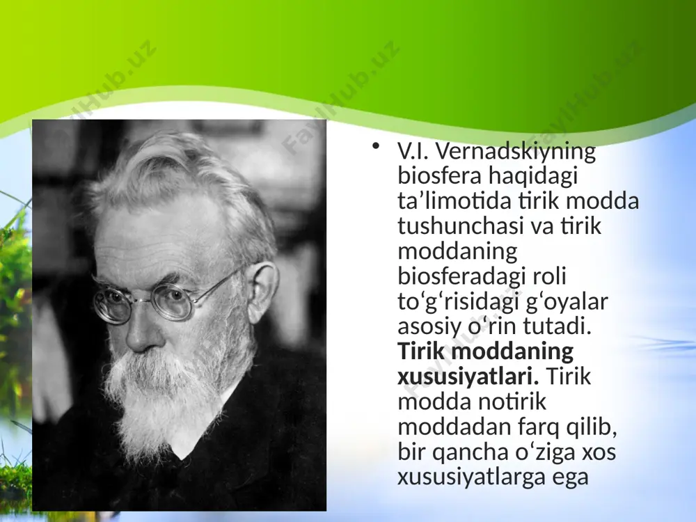 ko‘chkilari shunday harakatlanadi. tirik modda esa pastdan yuqoriga, okeanlardan quruqlik tomonga harakatlana oladi. faol harakat tufayli tirik organizmlar ishtirokida turli moddalarning va atomlarning migratsiyasi sodir bo‘ladi. tirik modda yordamida kimyoviy moddalarning migratsiyasini v.i. vernadskiy atomlarning biogen migratsiyasi deb atagan. image2.jpeg image3.jpeg image4.jpeg image5.jpeg image6.jpeg image7.png image8.jpeg image9.jpeg image10.jpeg image11.jpeg image12.jpeg image13.jpeg image1.jpeg