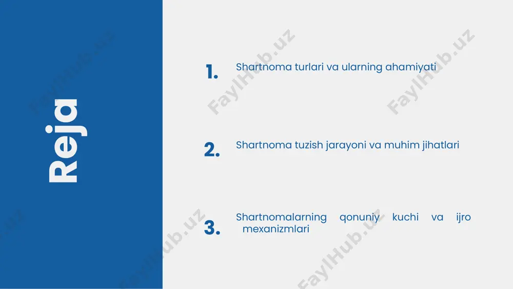 oladi. bu jarayon har bir tomonning huquq va majburiyatlarini aniq belgilashga yordam beradi. asosiy bosqichlar: 1. taklif tayyorlash 2. muzokaralar 3. shartnomani yozma shaklda rasmiylashtirish har bir bosqichda e'tibor berilishi lozim bo'lgan omillar: - taklif tayyorlashda to'g'ri ma'lumotlarni yig'ish - muzokaralarda kommunikatsiya va kelishuv ko'nikmalari - shartnomani yozishda huquqiy talablarni hisobga olish photo by georgi kalaydzhiev on unsplash 1 2 3 shartnomani tuzishdagi muhim jihatlar shartnoma tuzishda diqqatga sazovor jihatlar: 1. o'zaro manfaatlar - tomonlar uchun foydali bo'lishi muhim. 2. qonuniy talablar - qonunlarga muvofiq bo'lish zarur. 3. rishtalar va majburiyatlar - har bir tomonning roli aniqlanishi kerak. shartnomani tuzishda sodir bo'lishi mumkin bo'lgan xatolar: noto'g'ri ma'lumotlar, noaniq shartlar, va tomonlar o'rtasidagi aloqaning etishmasligi. shartnoma tuzishdan oldin bajarilishi kerak bo'lgan muhim qadamlar: tomonlar o'rtasida kelishuvni aniqlash, shartlarni muhokama qilish, va huquqiy maslahat olish. shartnoma tuzishdan keyin bajarilishi kerak bo'lgan muhim qadamlar: shartnomani rasmiylashtirish, taraflar o'rtasida imzo qo'yish va shartlar bajarilishini …